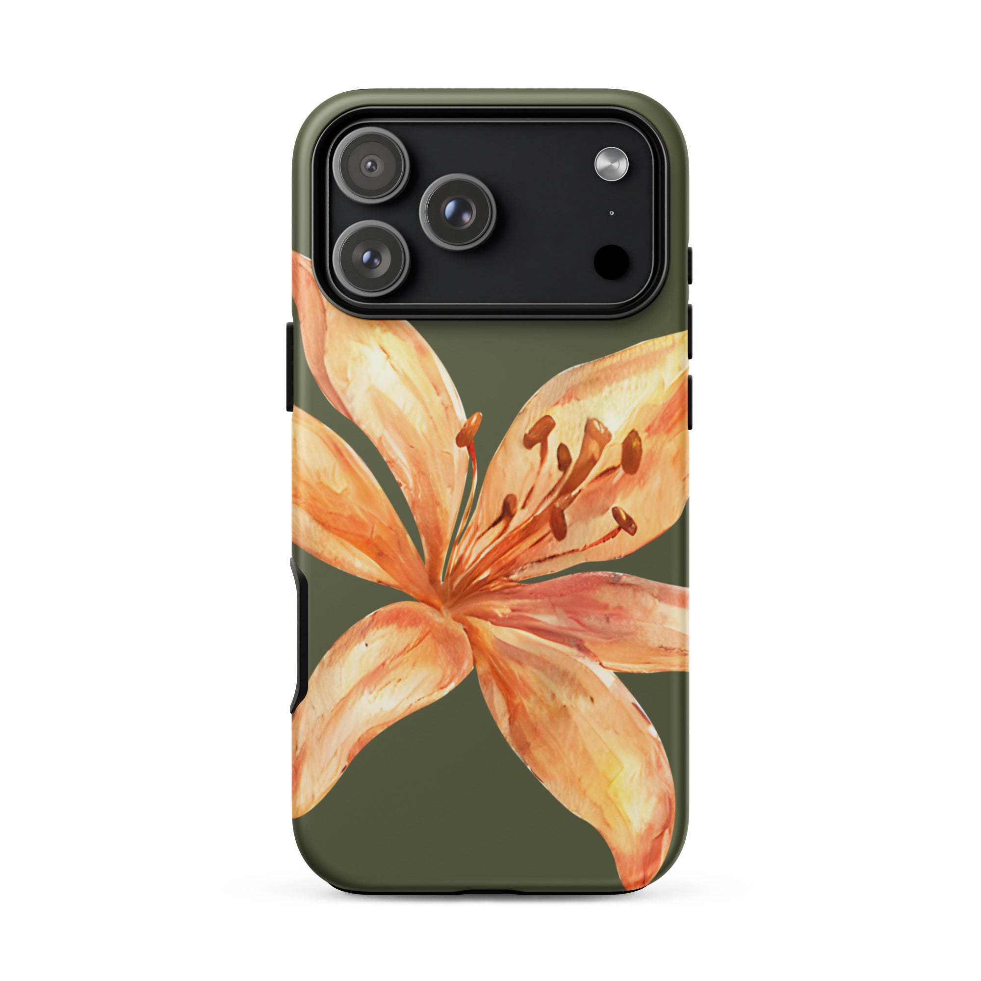 Tiger Lily IPhone Case - Botanical Art Floral y2k preppy Phone cover with orange flower on olive green background