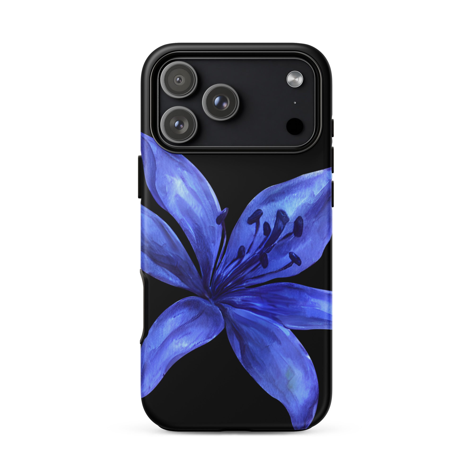 Blue tiger lily iPhone case on black background; dual-layer polycarbonate shell with TPU lining.