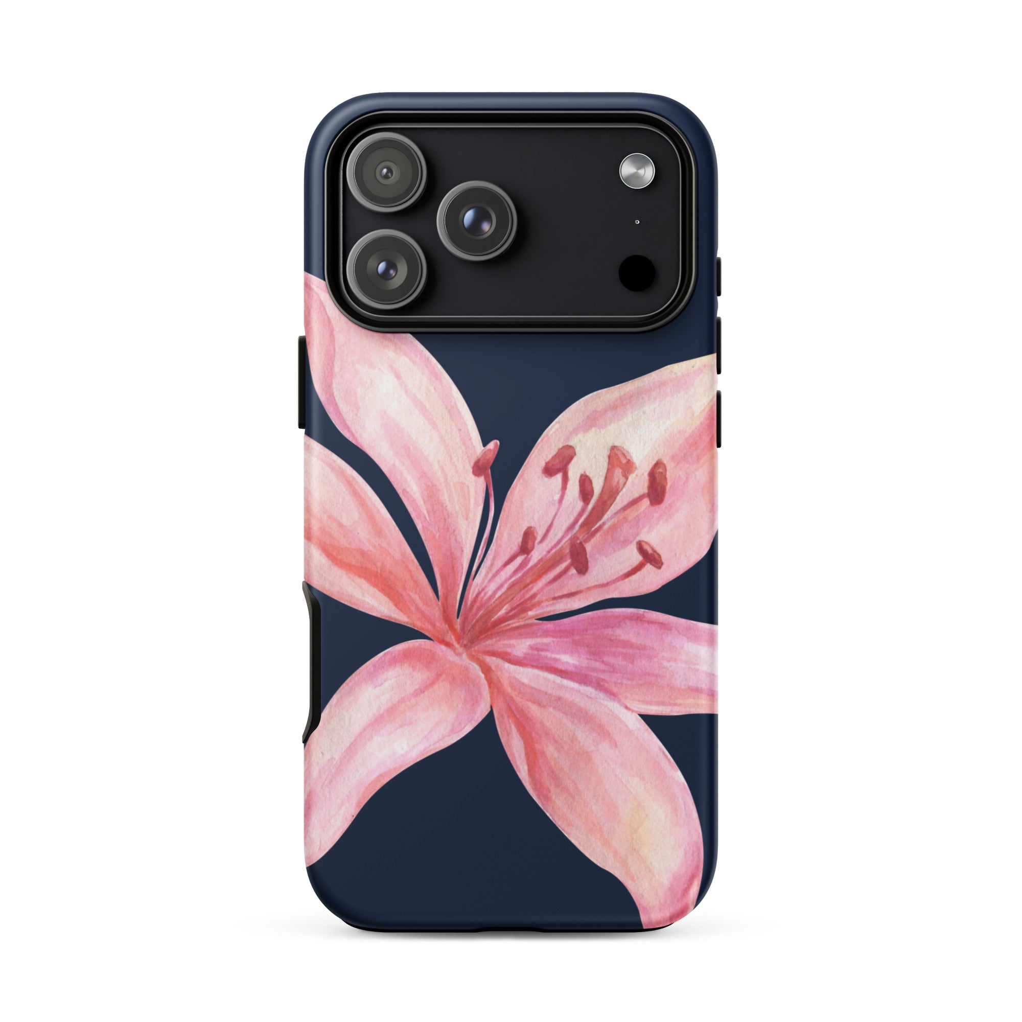 Blue navy iPhone case with pink tiger lily design; dual-layer polycarbonate outer shell, TPU inner lining.