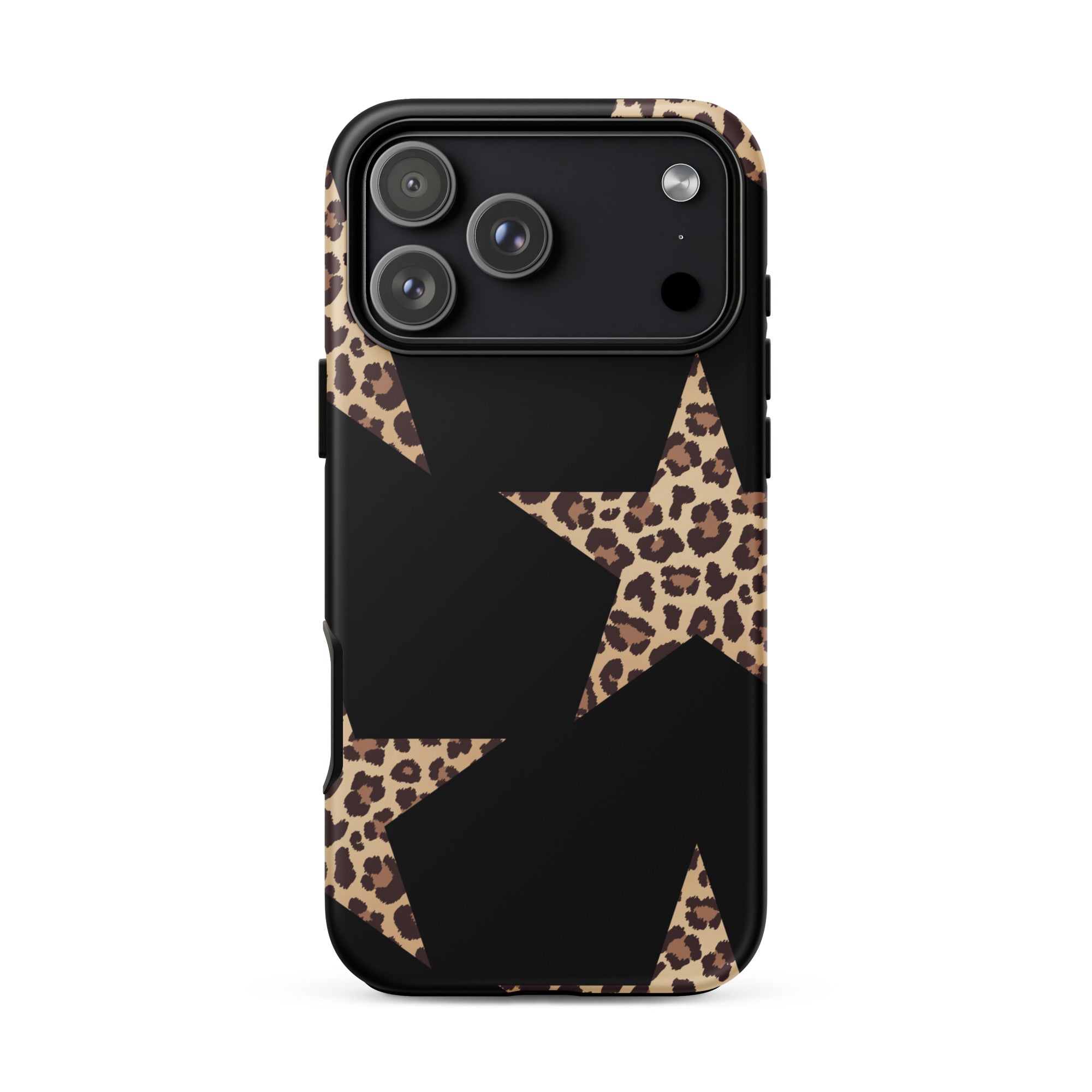 Black Cheetah Stars iPhone Case with leopard-print star patterns and dual-layer protection.
