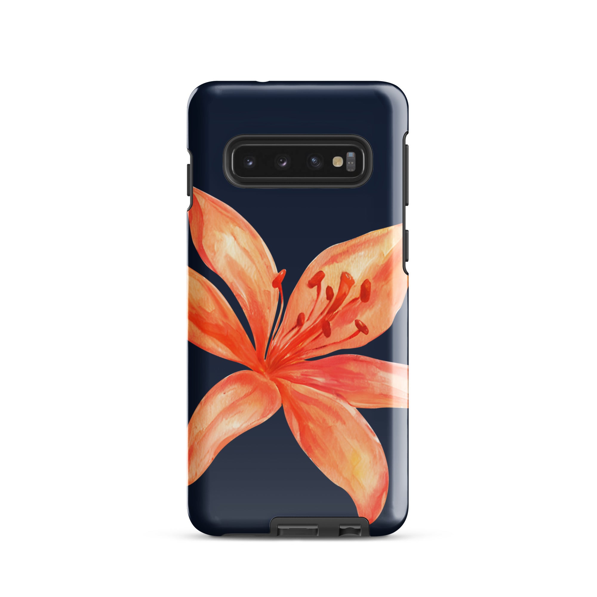 Floral Samsung Case - Dual Layer Protection With Coral Navy Tiger Lily Design showing orange flower on navy background protective phone cover
