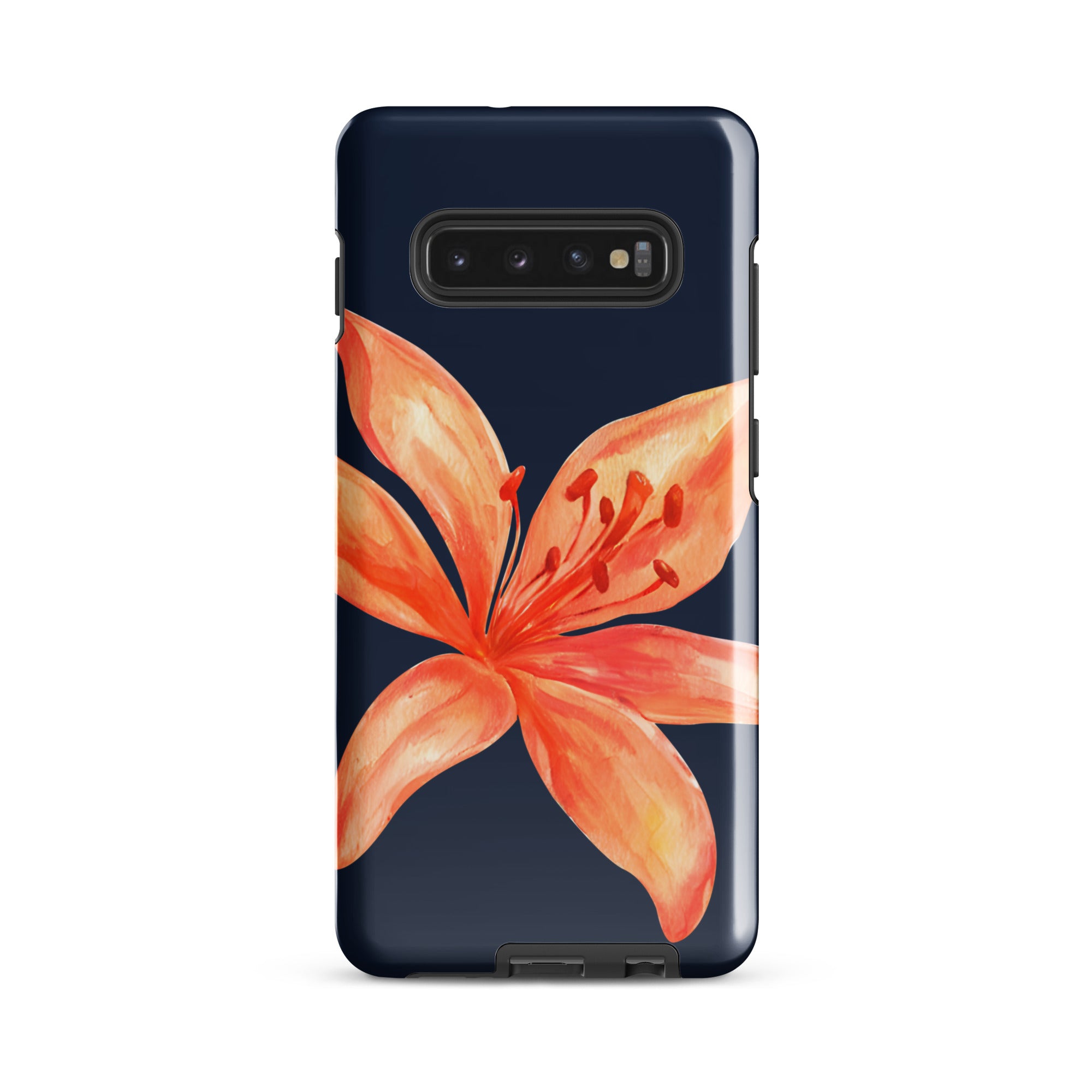 Floral Samsung Case - Dual Layer Protection With Coral Navy Tiger Lily Design showcasing vibrant orange flower on dark blue background
