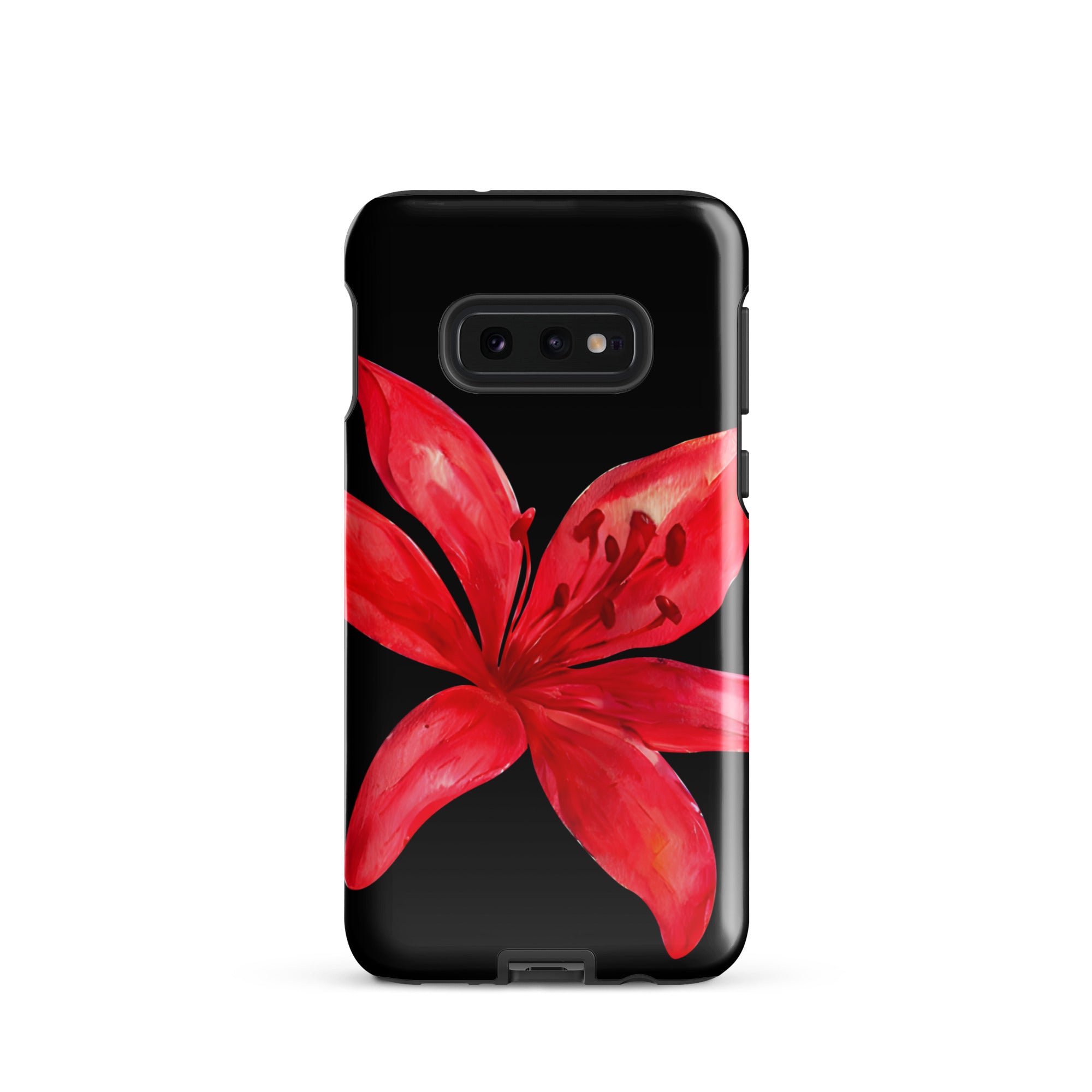 Tiger Lily Samsung Case - Red And Black Tiger Lily Floral Design With Durable Protection showing red flower on black background