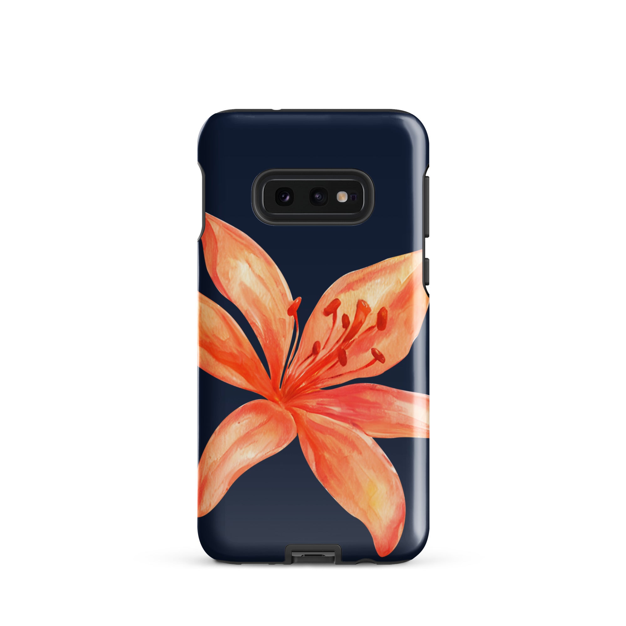 Floral Samsung Case - Dual Layer Protection With Coral Navy Tiger Lily Design featuring a vibrant orange flower on a navy background