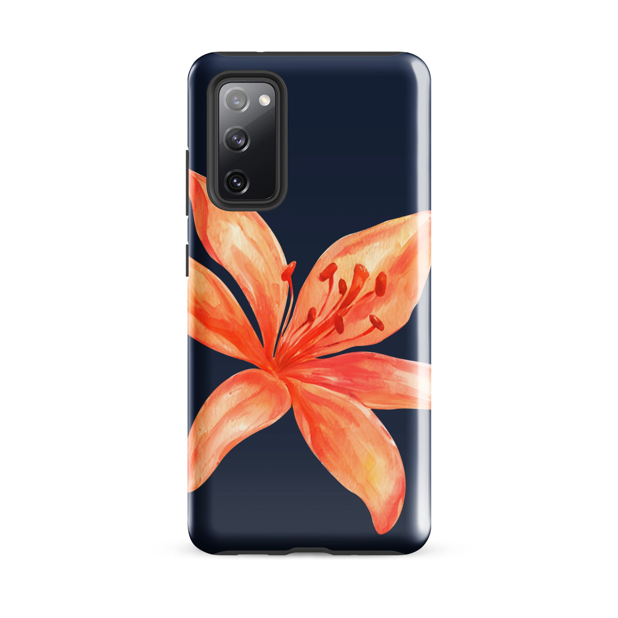 Floral Samsung Case - Dual Layer Protection With Coral Navy Tiger Lily Design showing vibrant flower on navy background for Samsung phone