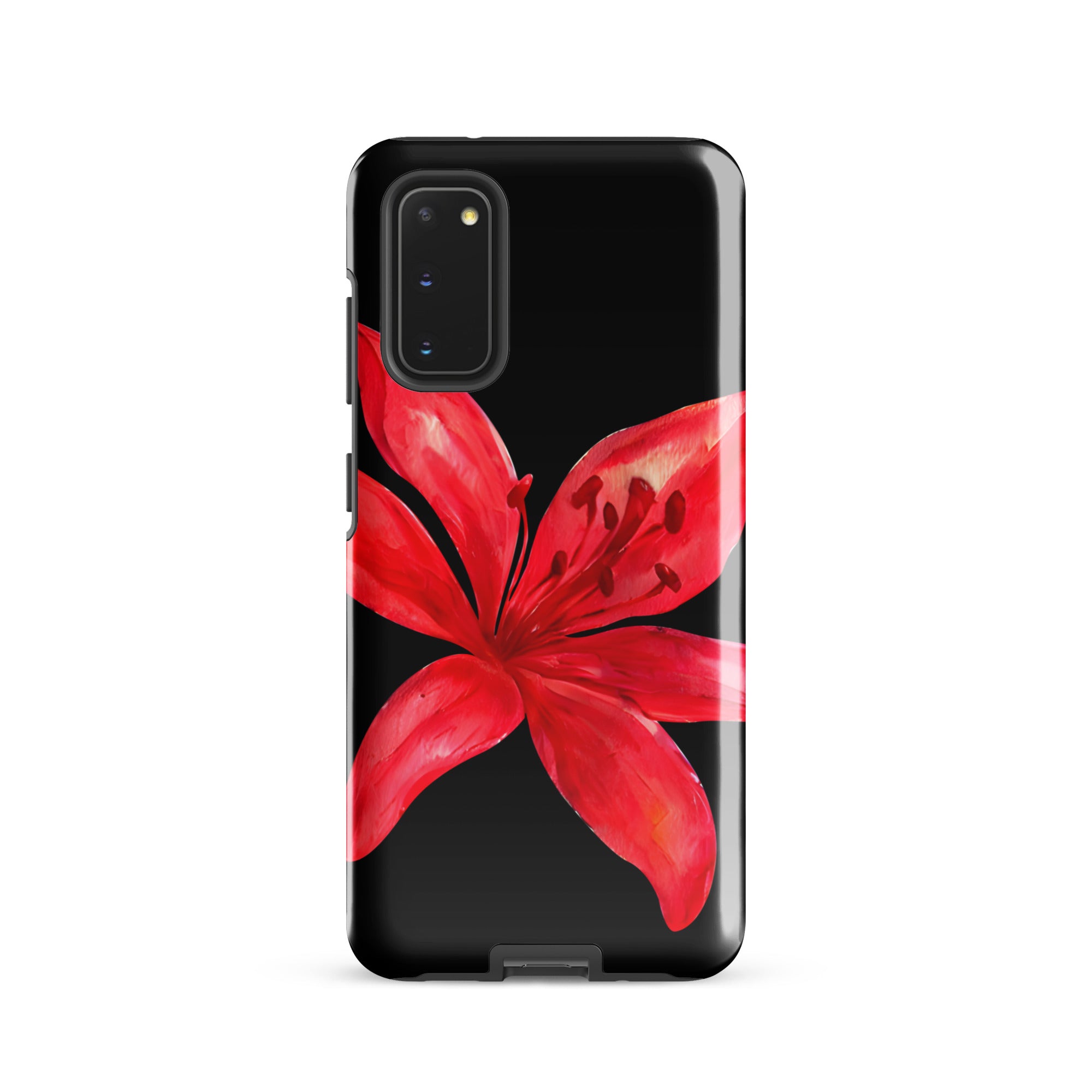 Tiger Lily Samsung Case - Red And Black Tiger Lily Floral Design With Durable Protection showing a vibrant red flower on black background