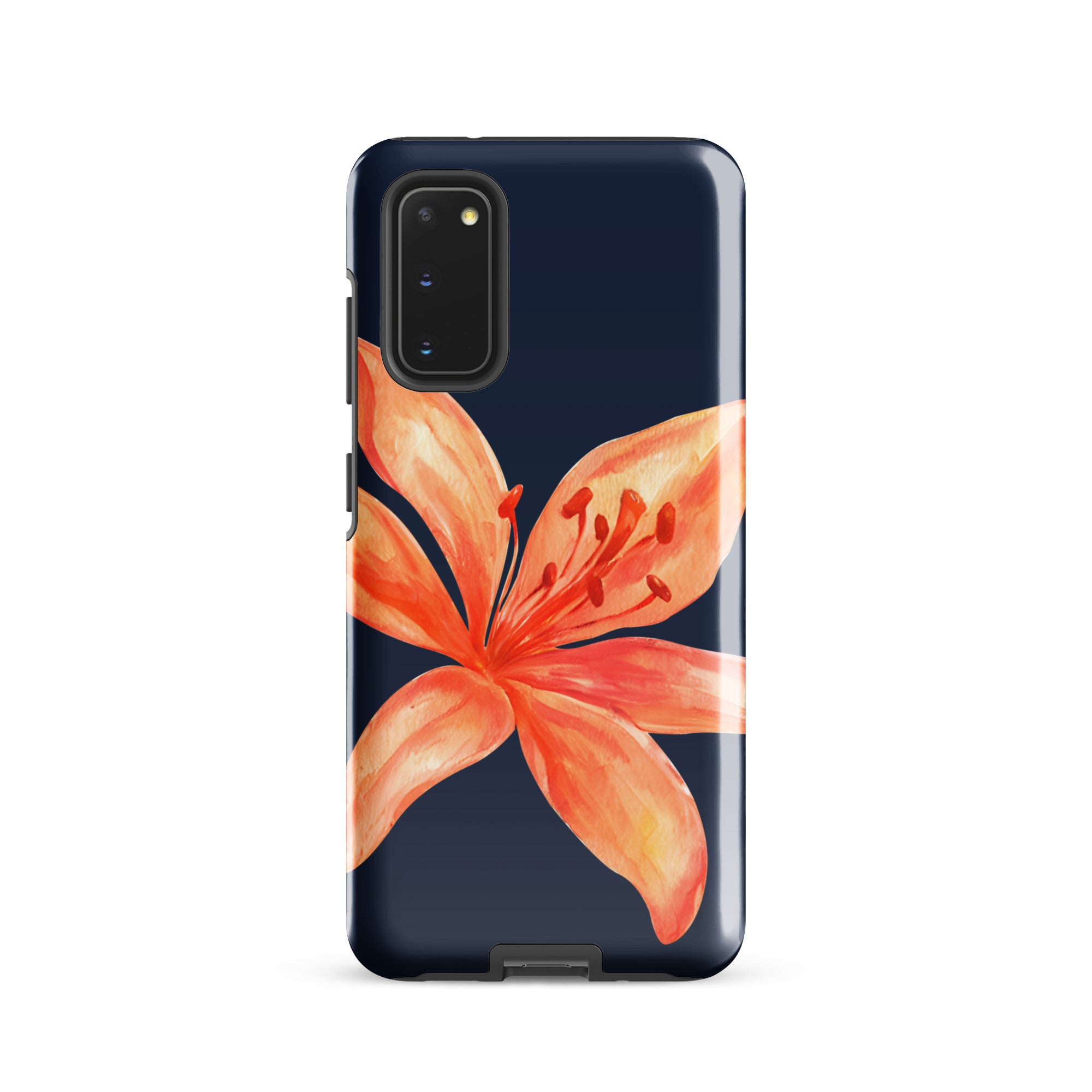 Floral Samsung Case - Dual Layer Protection With Coral Navy Tiger Lily Design featuring a vibrant orange flower on navy background