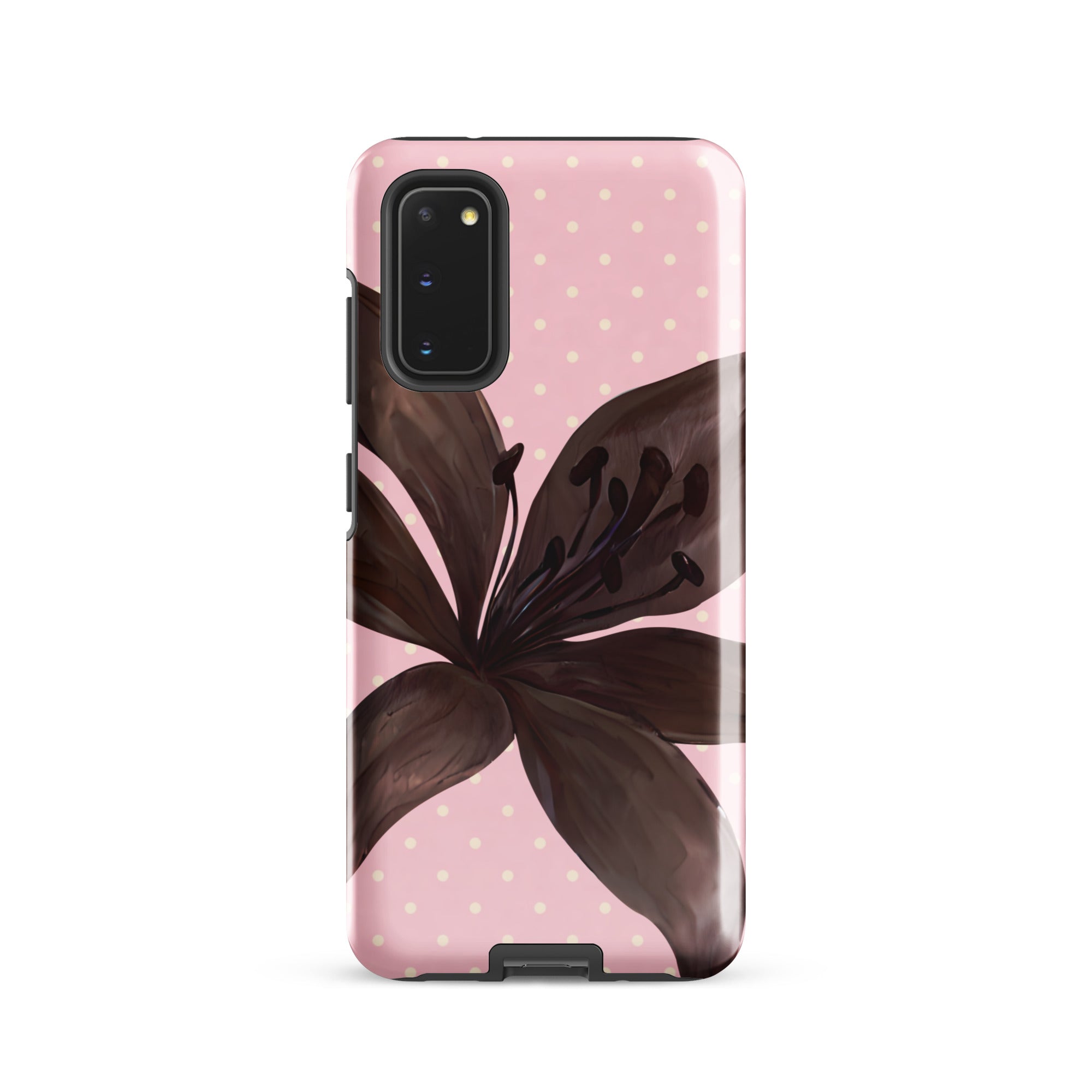 Phone case with brown floral design on a pink background