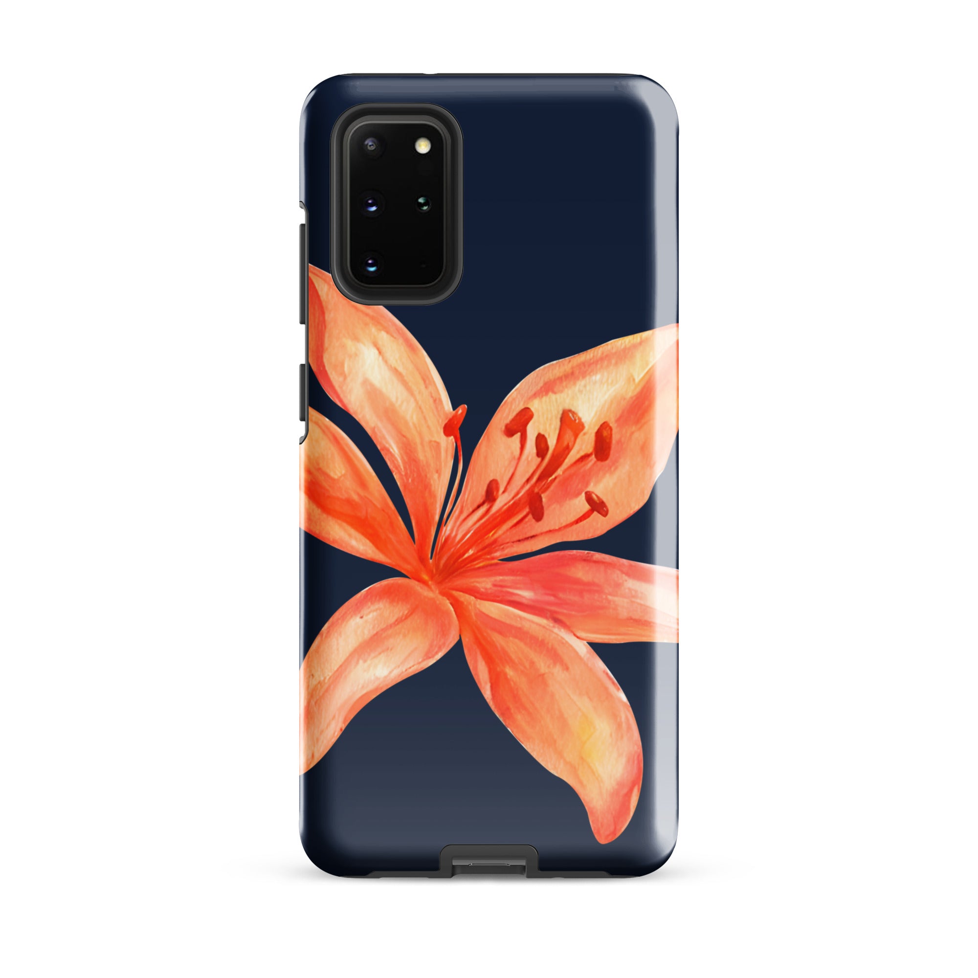 Floral Samsung Case - Dual Layer Protection With Coral Navy Tiger Lily Design showing vibrant orange flower on navy background for Samsung phone.