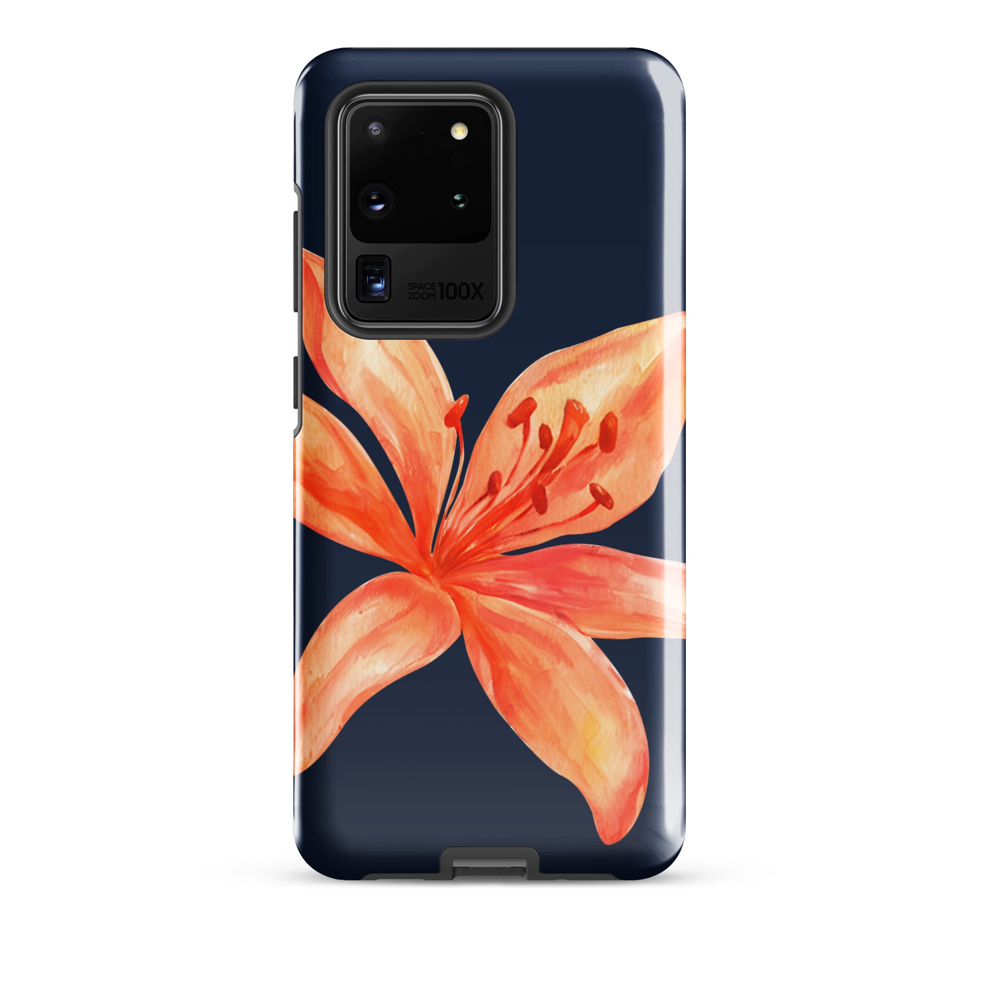 Floral Samsung Case - Dual Layer Protection With Coral Navy Tiger Lily Design featuring a large coral flower on navy background
