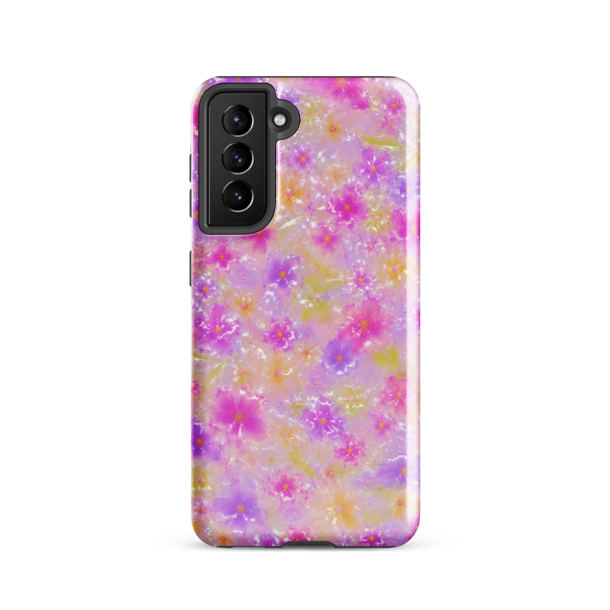 Back view of floral Samsung phone case with camera cutouts