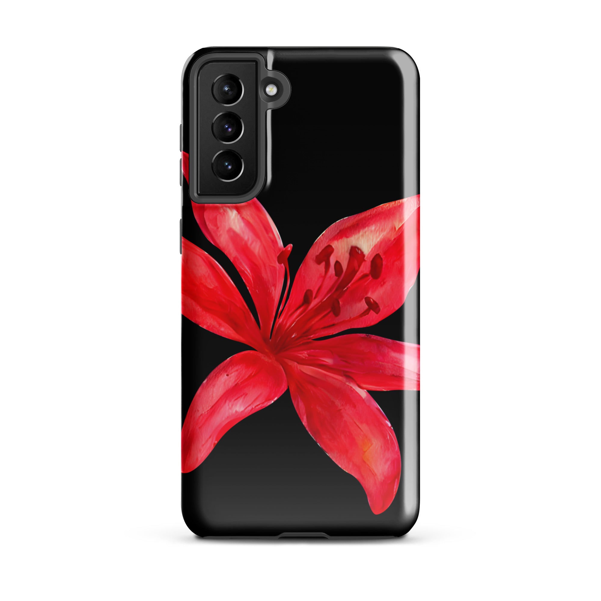 Tiger Lily Samsung Case - Red And Black Tiger Lily Floral Design With Durable Protection showcasing a bold red flower on black background
