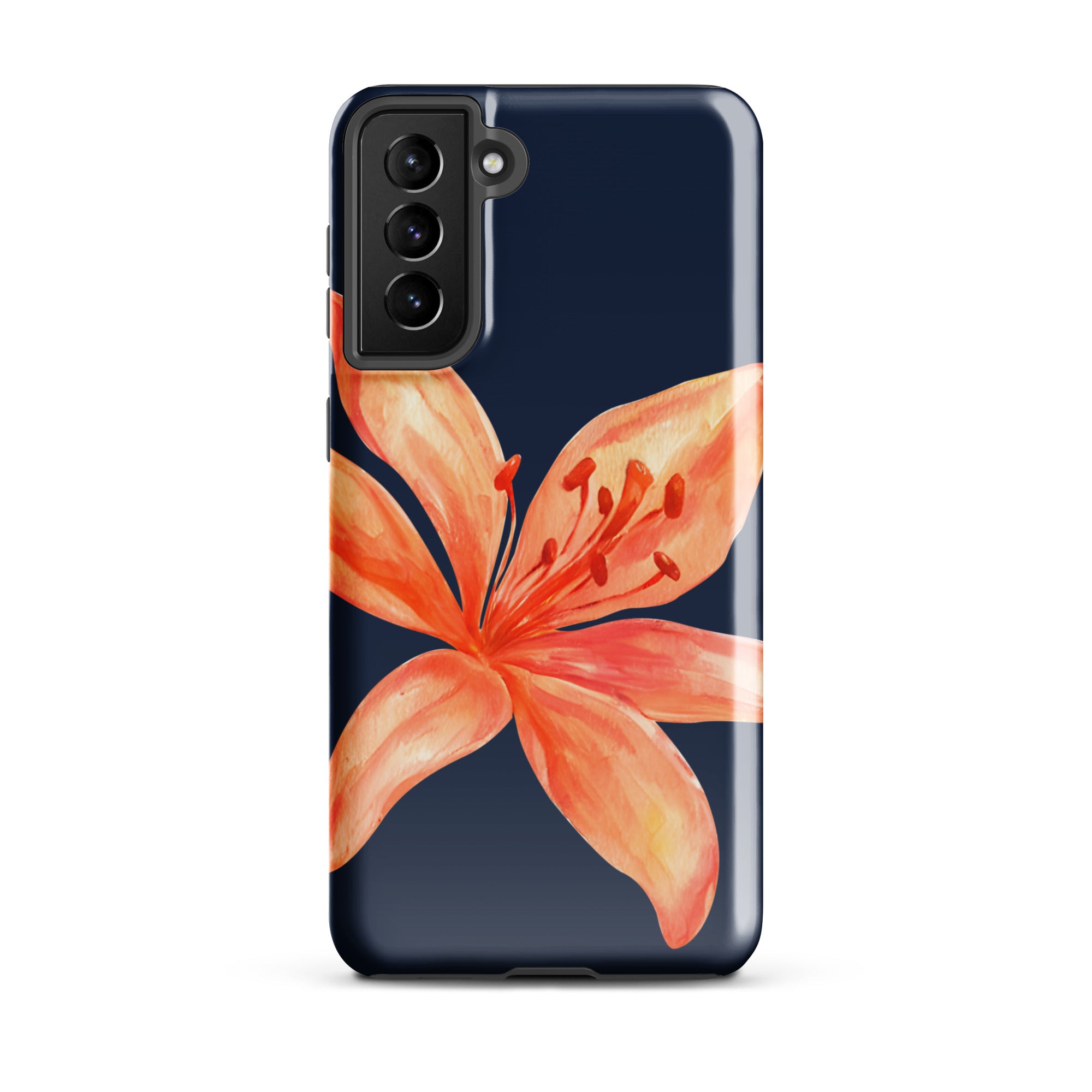 Floral Samsung Case - Dual Layer Protection With Coral Navy Tiger Lily Design featuring a large coral tiger lily on navy blue background