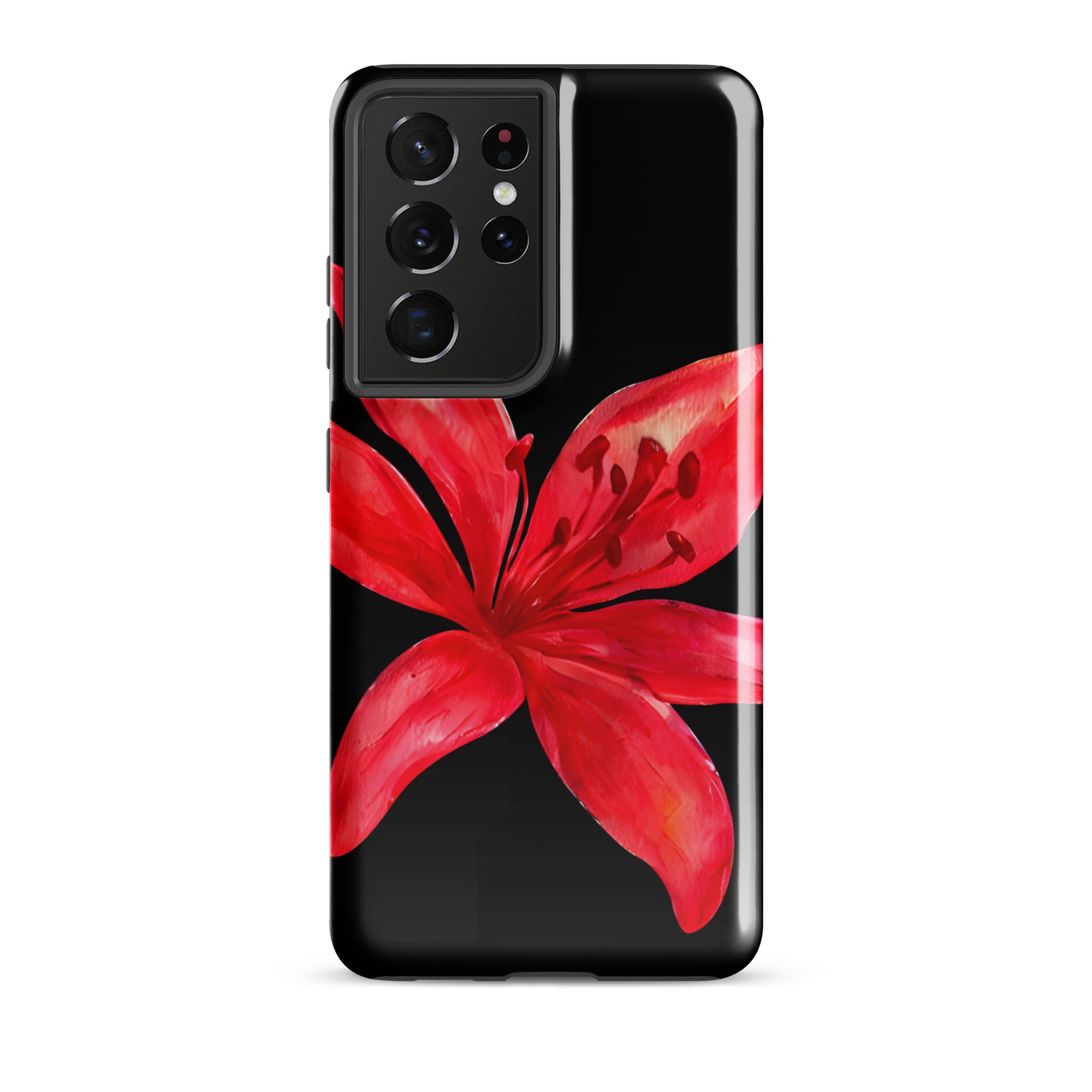 Tiger Lily Samsung Case - Red And Black Tiger Lily Floral Design With Durable Protection on a black Samsung phone case.