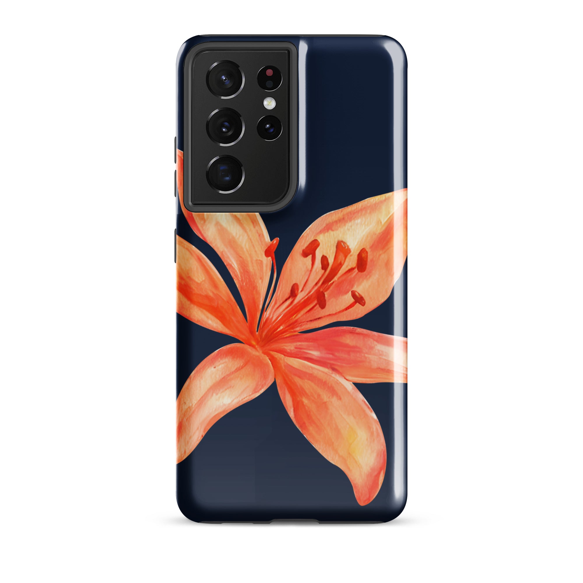 Floral Samsung Case - Dual Layer Protection With Coral Navy Tiger Lily Design showing bright floral pattern on phone case