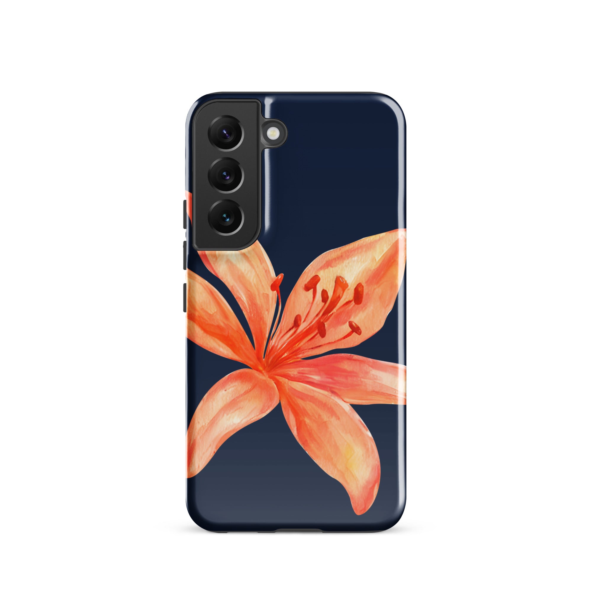 Floral Samsung Case - Dual Layer Protection With Coral Navy Tiger Lily Design featuring a vibrant orange flower on navy background
