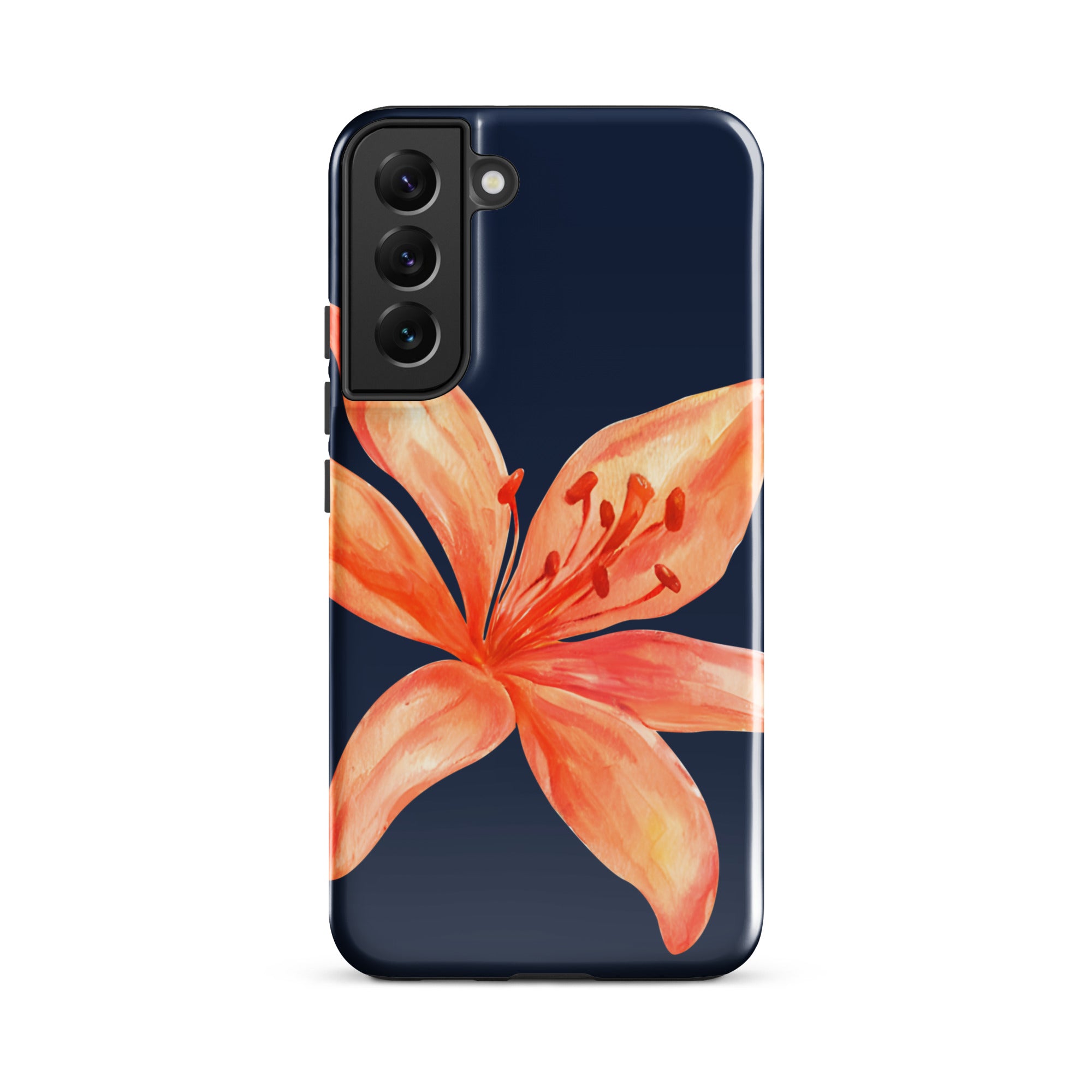 Floral Samsung Case - Dual Layer Protection With Coral Navy Tiger Lily Design showing vibrant flower on navy background
