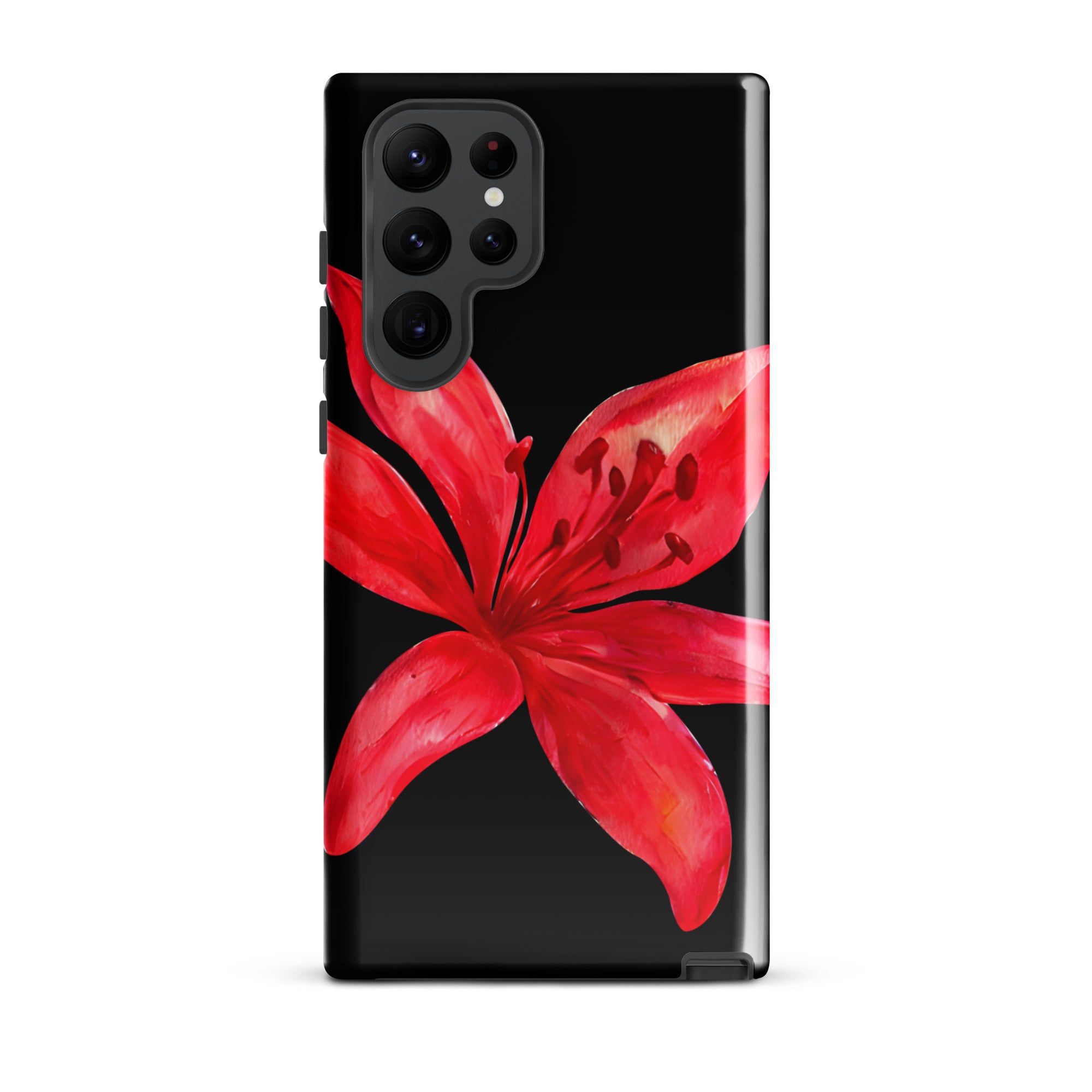 Tiger Lily Samsung Case - Red And Black Tiger Lily Floral Design With Durable Protection showing red flower on black background