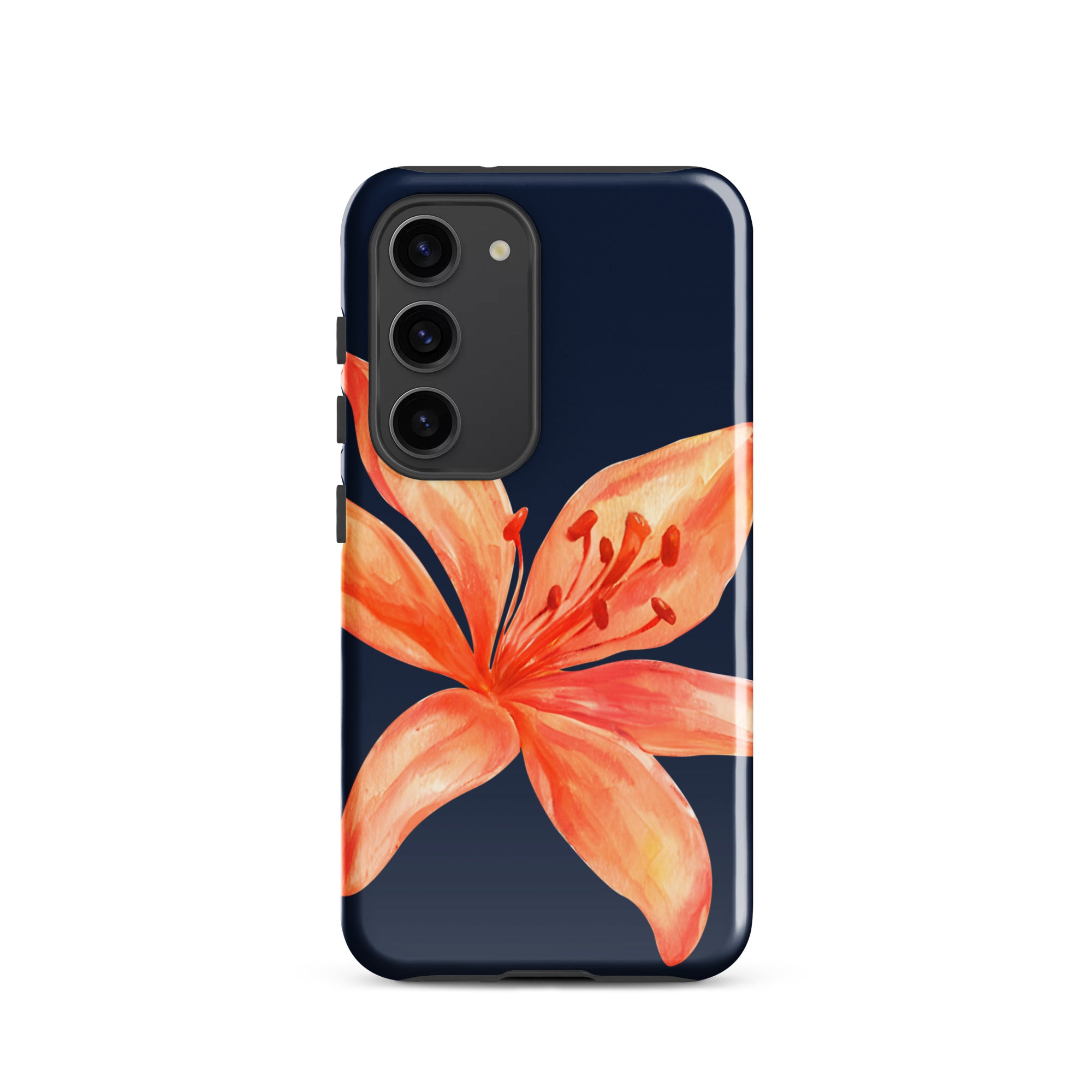 Floral Samsung Case - Dual Layer Protection With Coral Navy Tiger Lily Design showcasing a bold flower on dark background