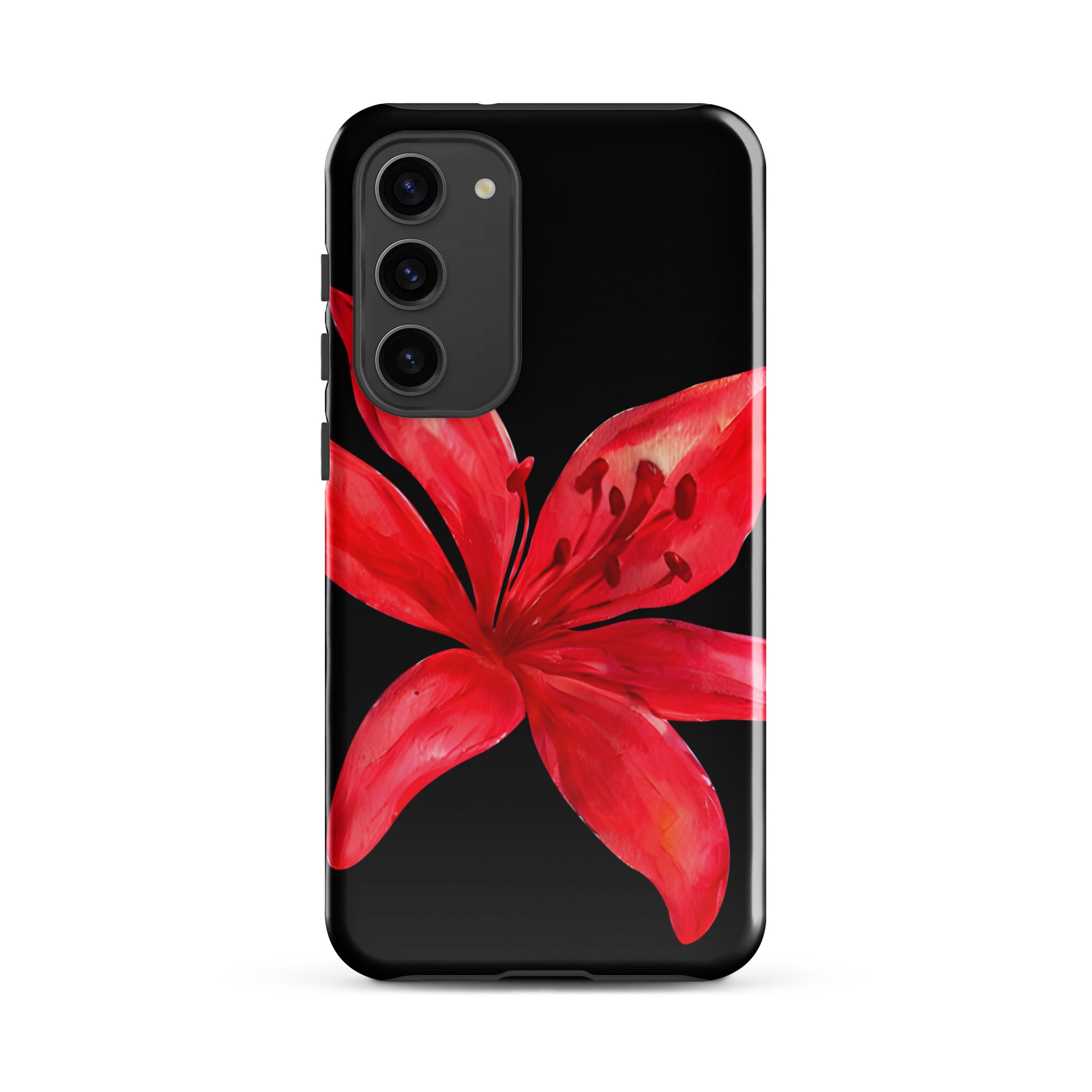 Tiger Lily Samsung Case - Red And Black Tiger Lily Floral Design With Durable Protection showing a vibrant red flower on black background