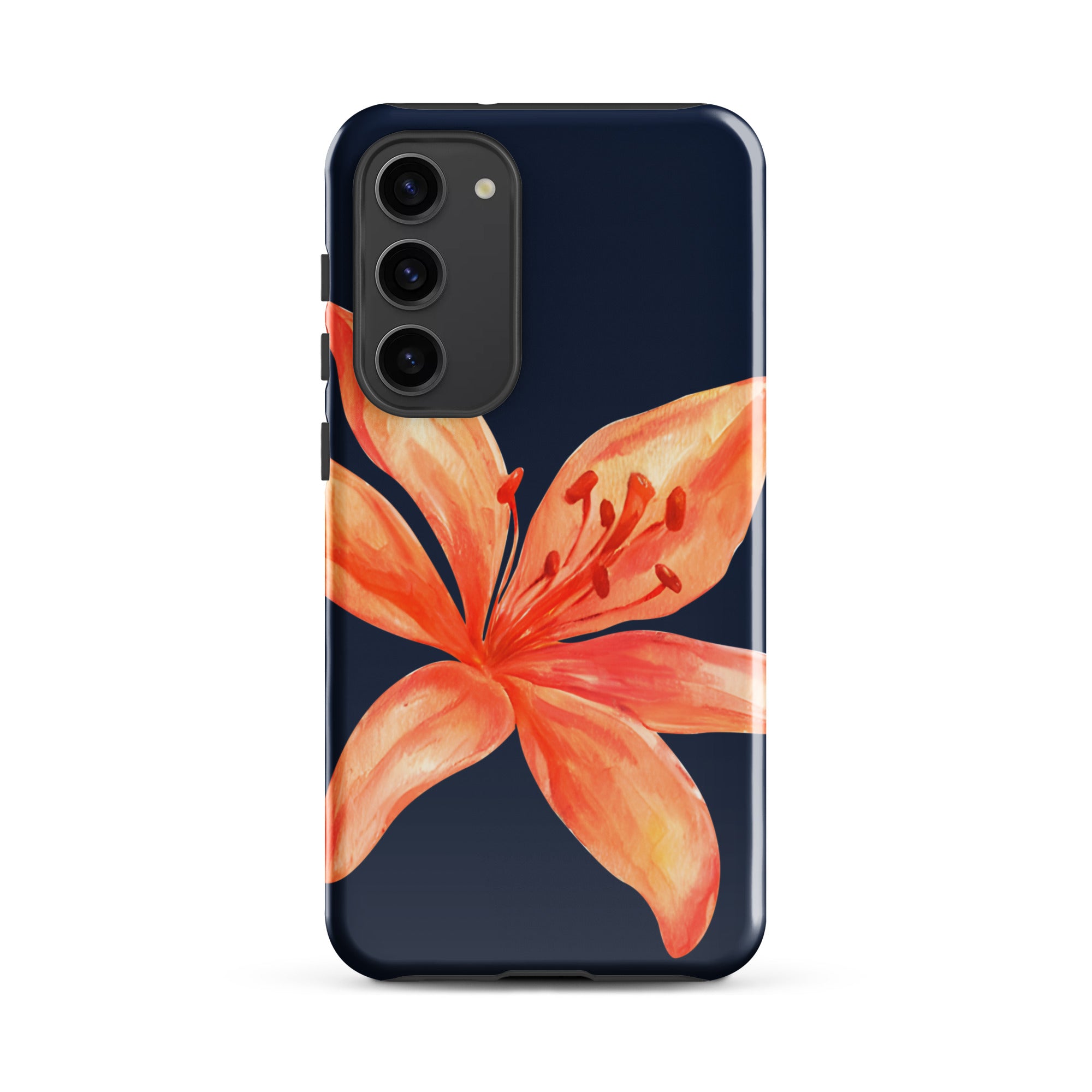 Floral Samsung Case - Dual Layer Protection With Coral Navy Tiger Lily Design showcasing a vibrant orange flower on navy background