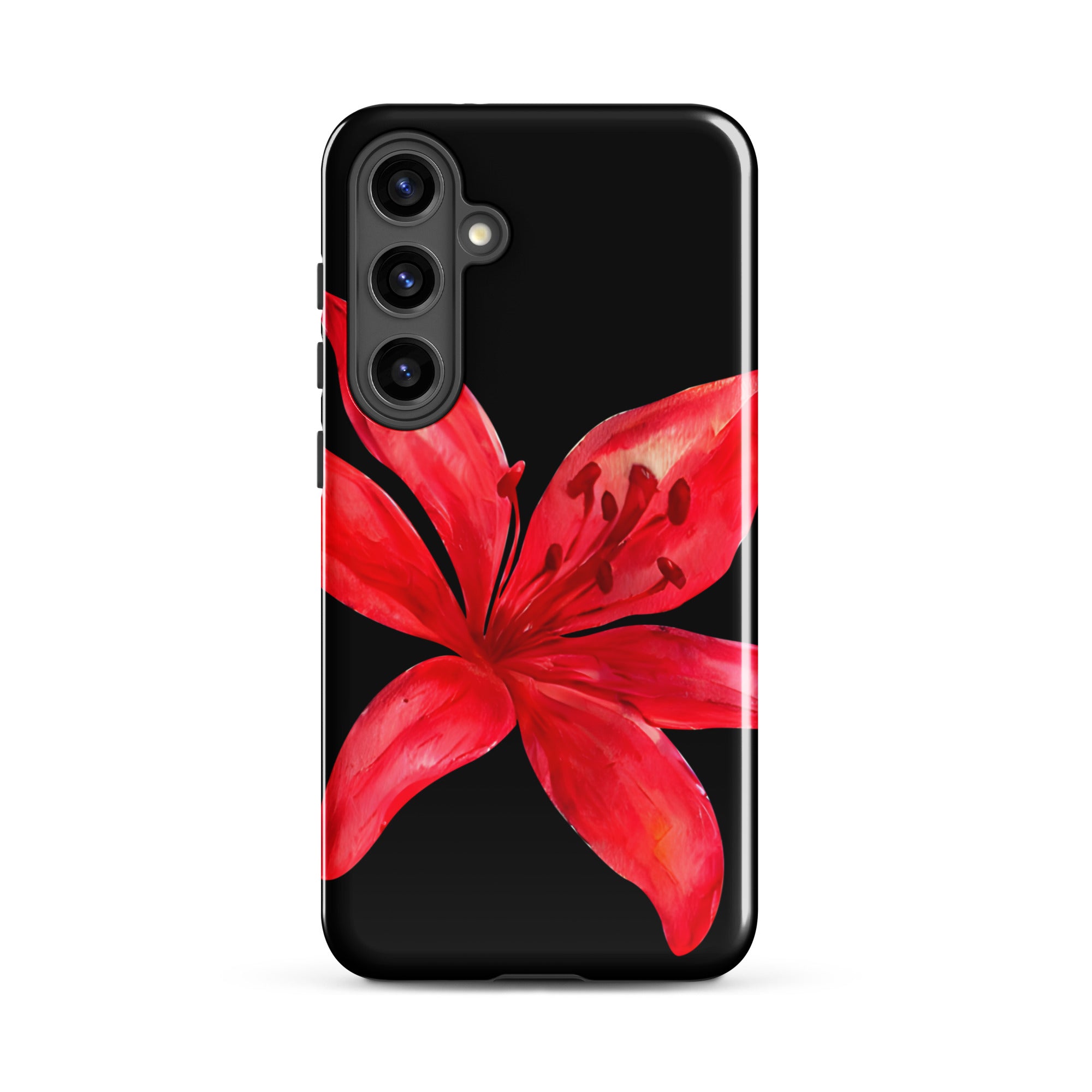 Tiger Lily Samsung Case - Red And Black Tiger Lily Floral Design With Durable Protection showing vibrant red lily on black background