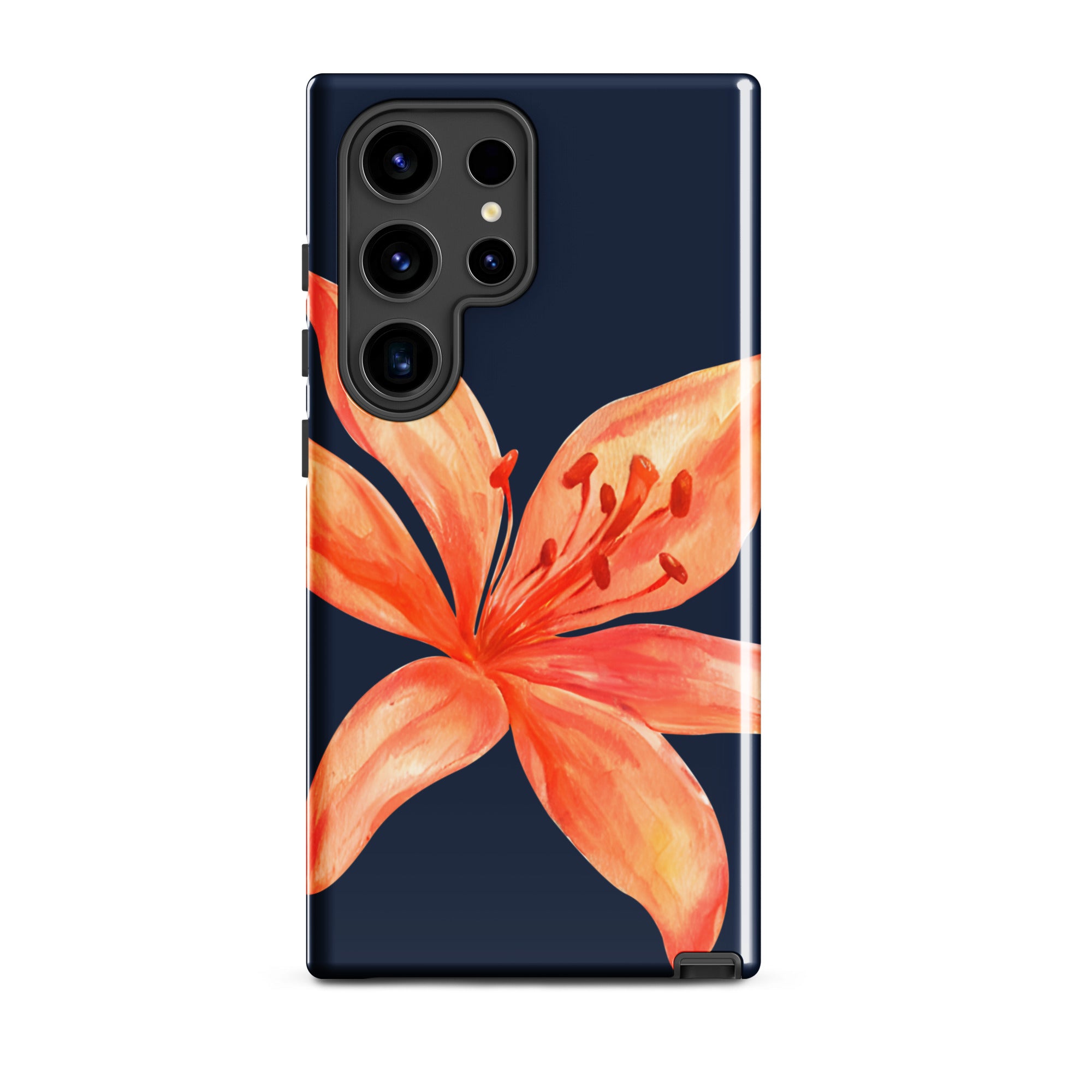 Floral Samsung Case - Dual Layer Protection With Coral Navy Tiger Lily Design showcasing vibrant orange tiger lily on navy background