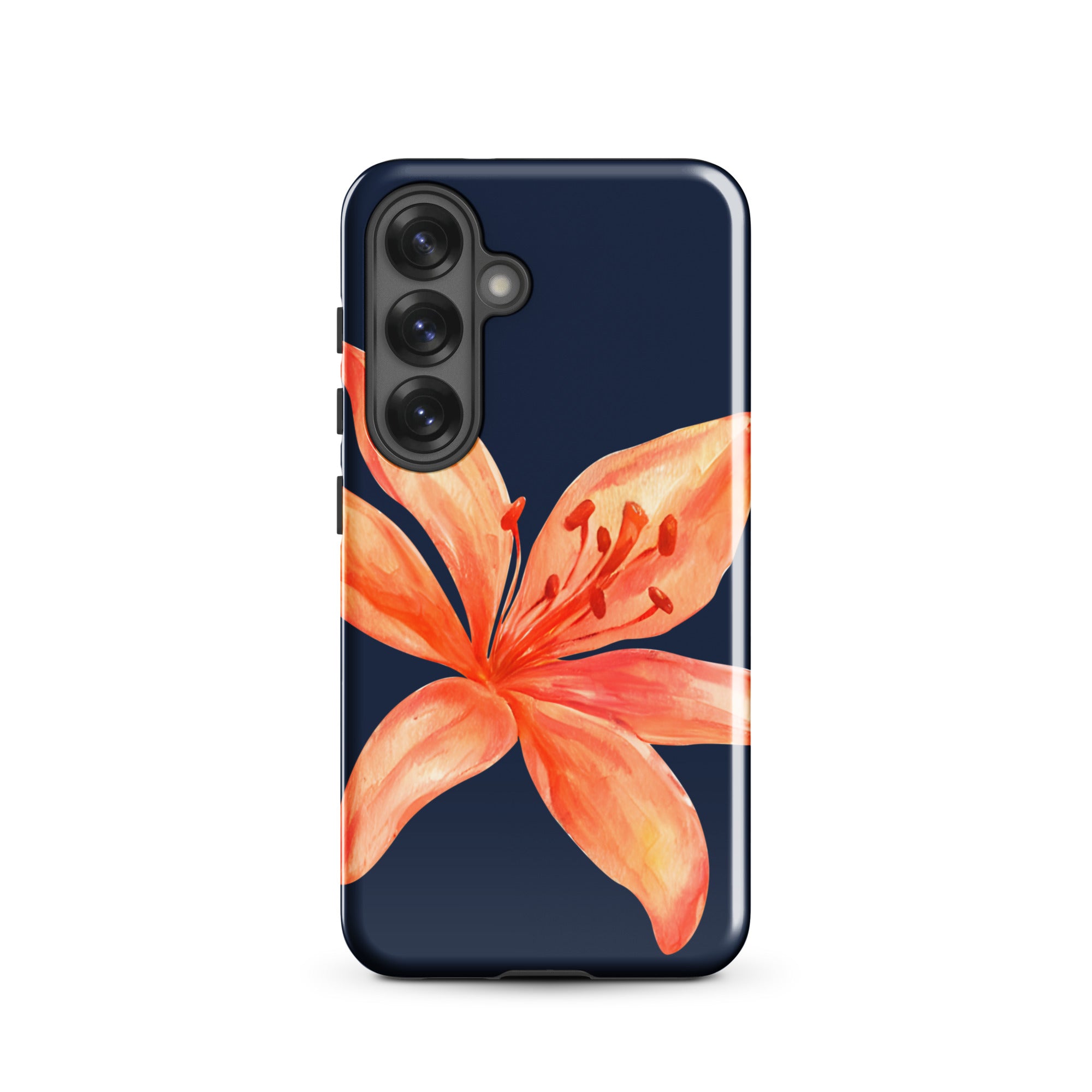 Floral Samsung Case - Dual Layer Protection With Coral Navy Tiger Lily Design featuring vibrant orange flower on dark background