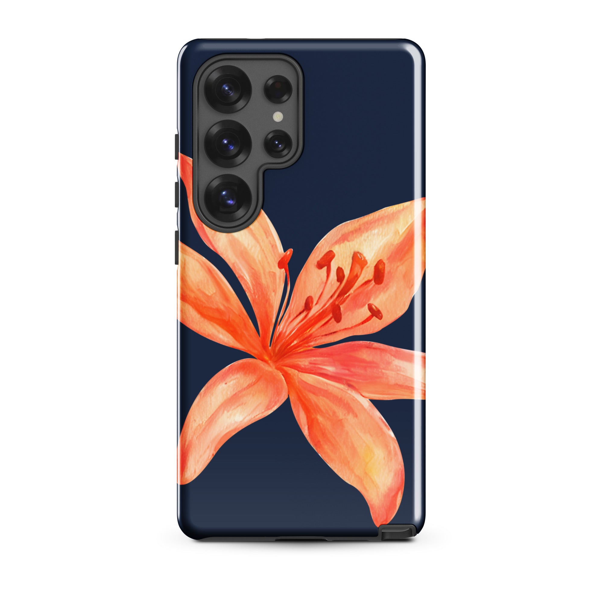 Floral Samsung Case - Dual Layer Protection With Coral Navy Tiger Lily Design featuring a vibrant orange tiger lily on navy background