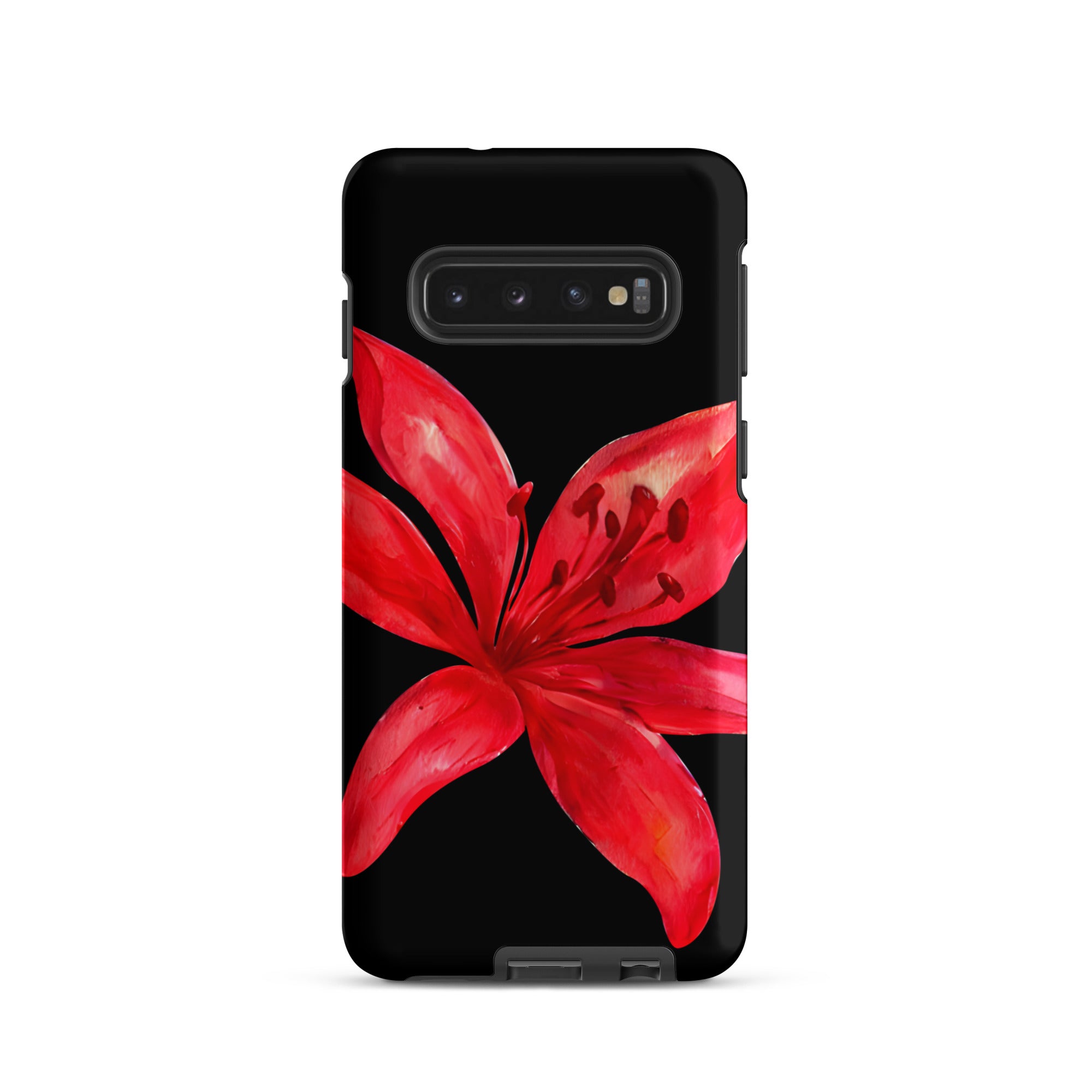 Tiger Lily Samsung Case - Red And Black Tiger Lily Floral Design With Durable Protection phone case with vibrant red flower on black background
