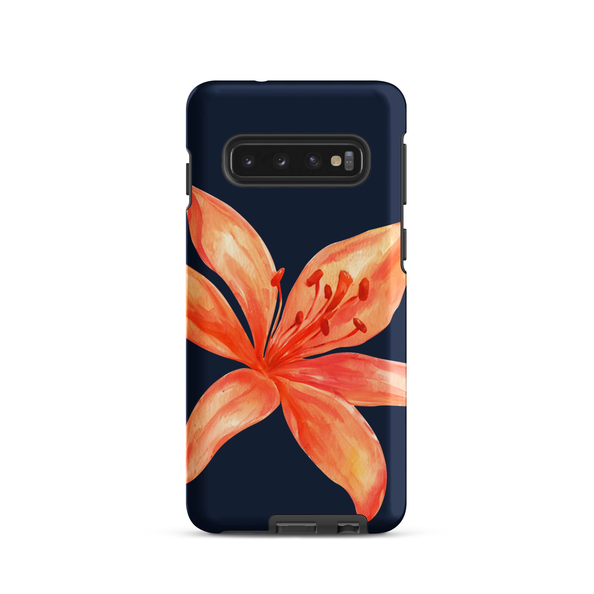 Floral Samsung Case - Dual Layer Protection With Coral Navy Tiger Lily Design featuring a vibrant orange flower on dark blue background