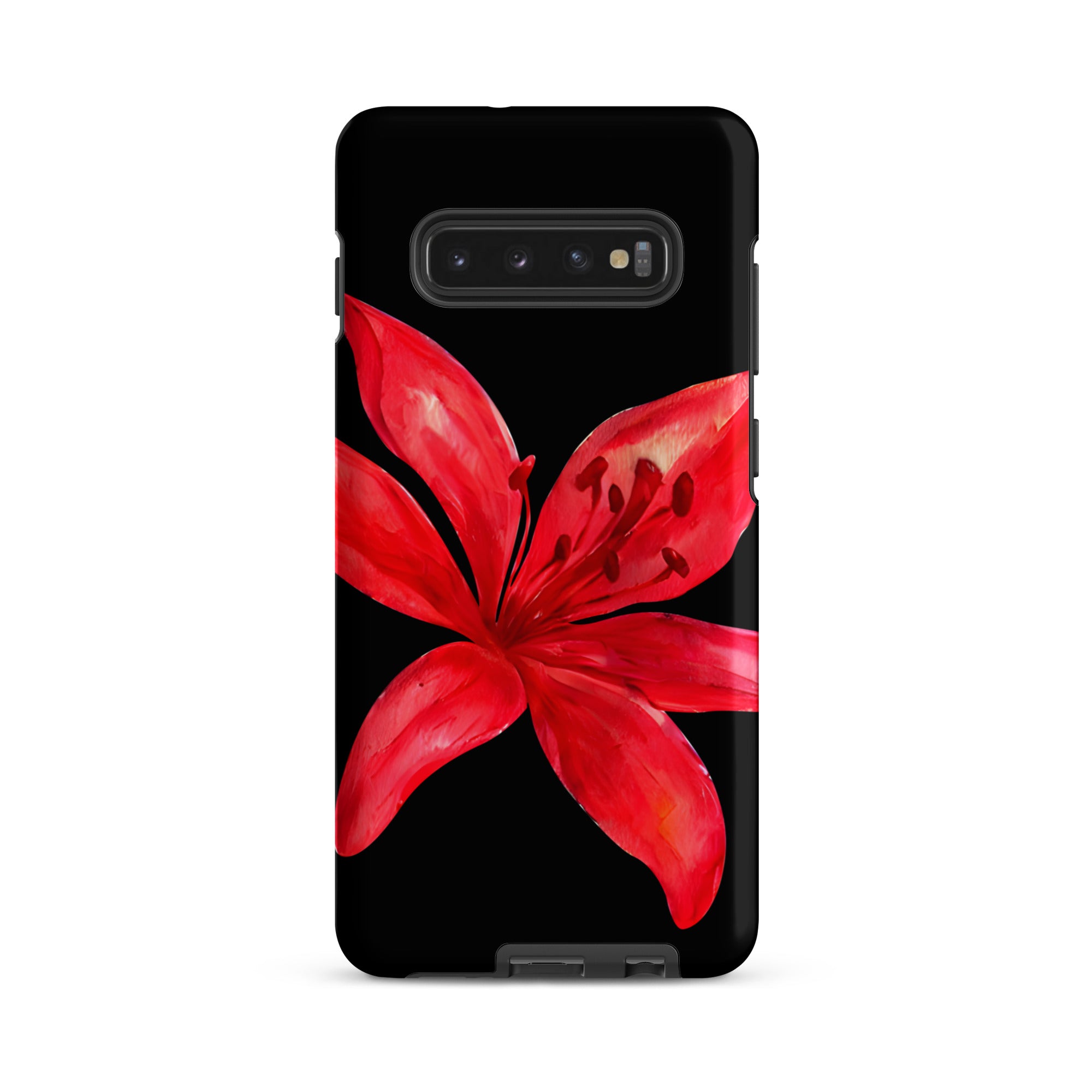 Tiger Lily Samsung Case - Red And Black Tiger Lily Floral Design With Durable Protection showcasing vibrant red flower on black background