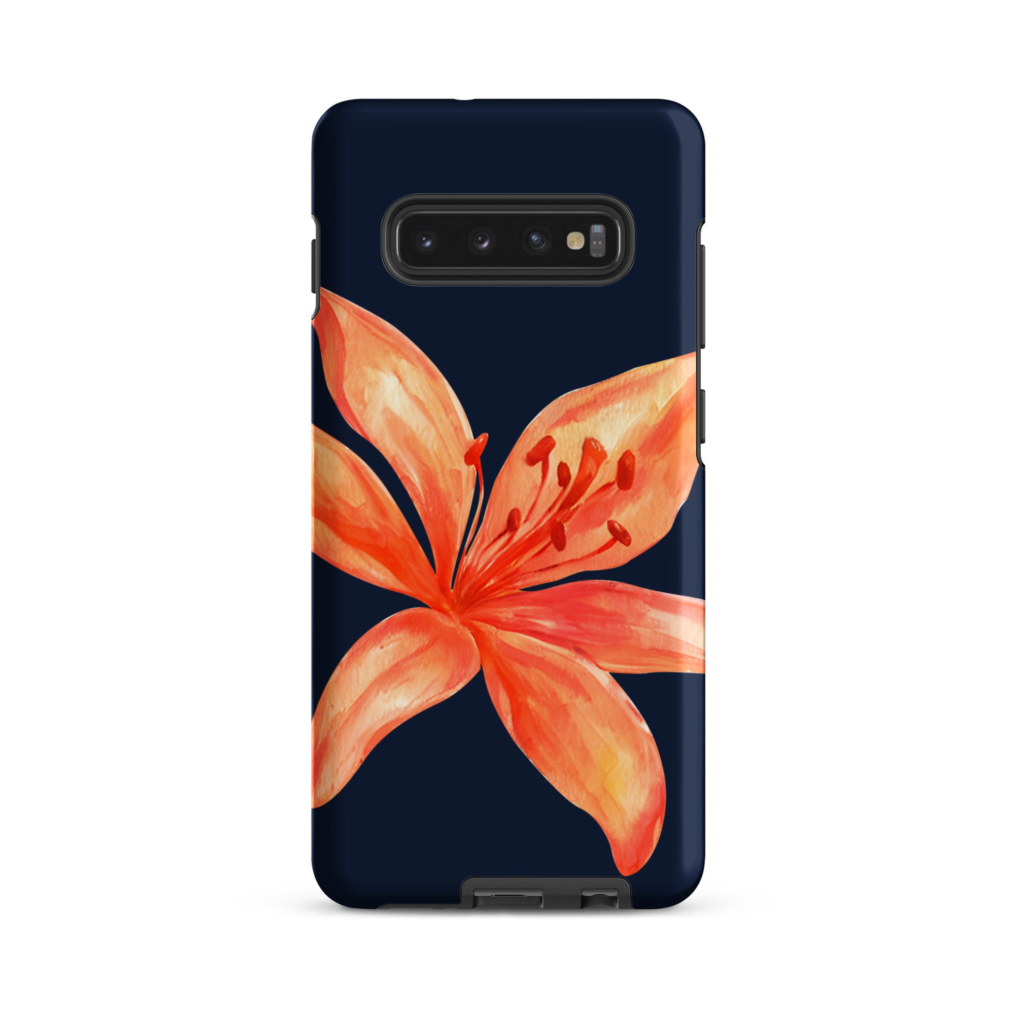 Floral Samsung Case - Dual Layer Protection With Coral Navy Tiger Lily Design featuring vibrant orange flower on dark blue background