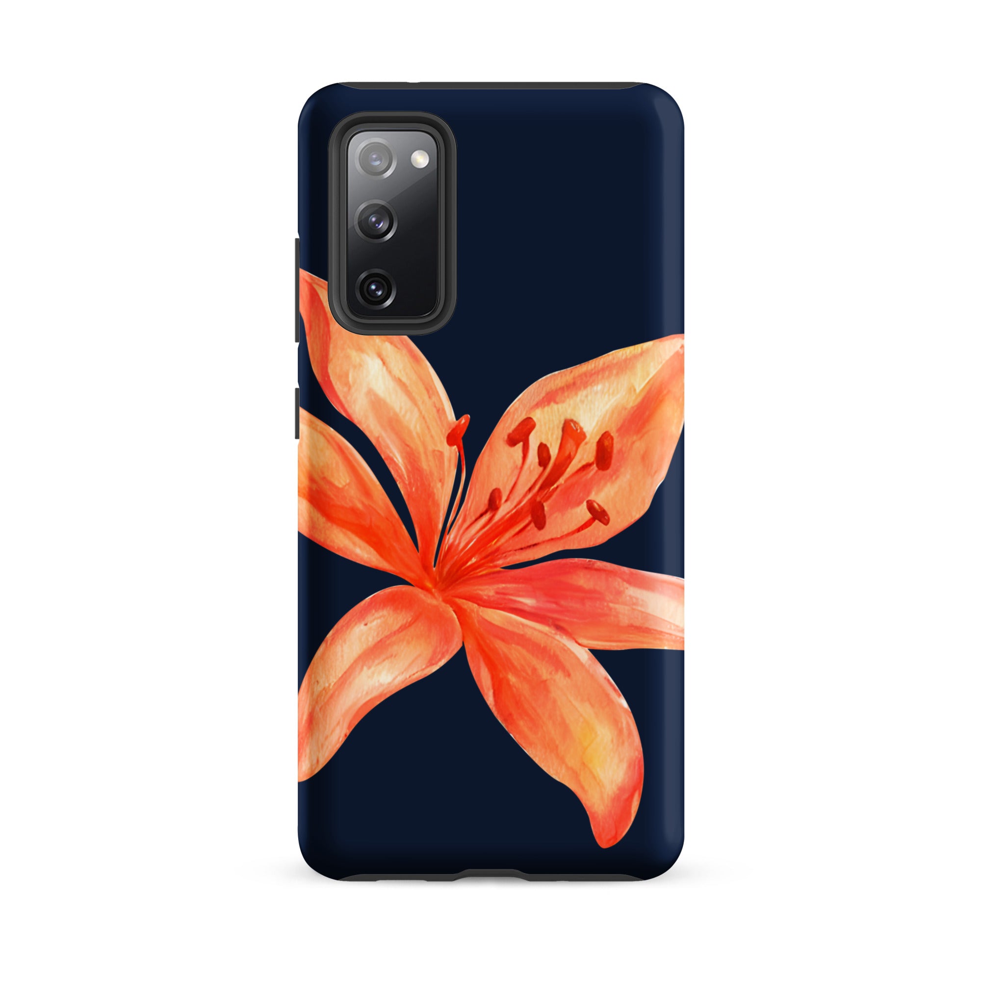 Floral Samsung Case - Dual Layer Protection With Coral Navy Tiger Lily Design showing orange flower on dark navy background.