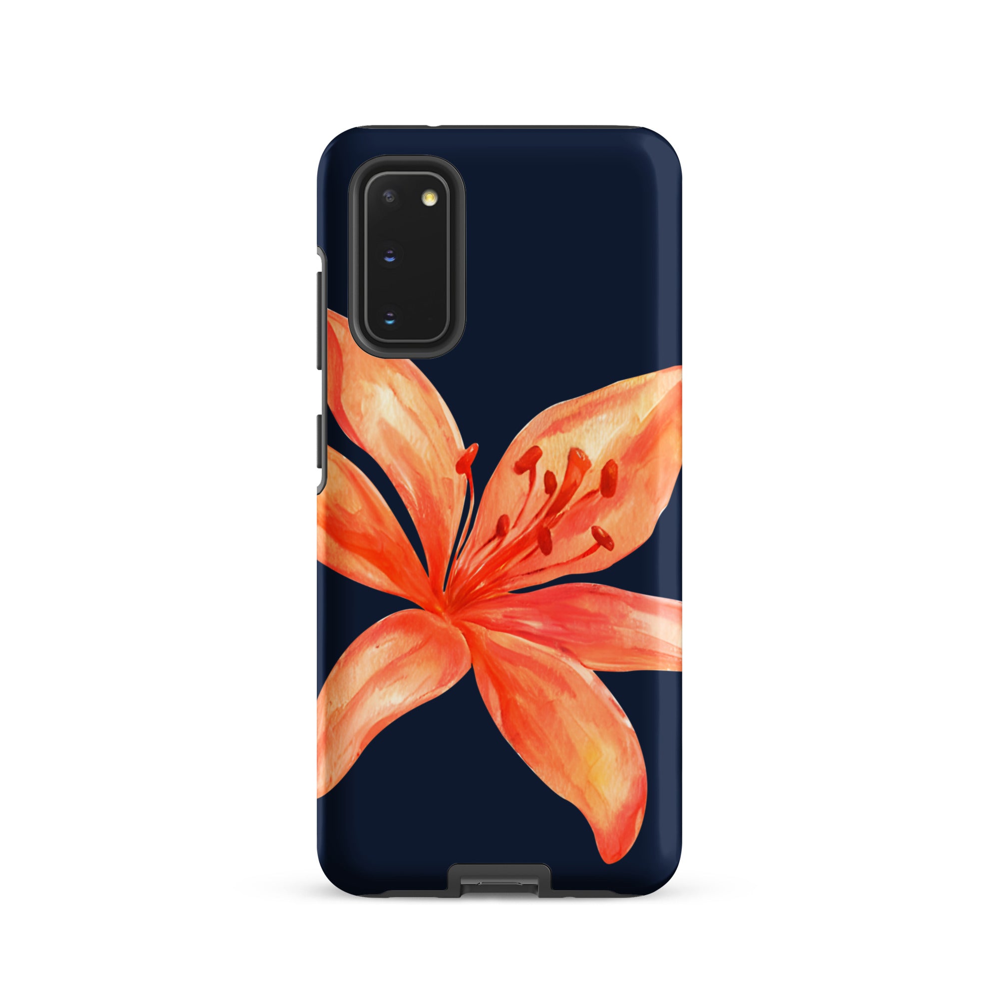 Floral Samsung Case - Dual Layer Protection With Coral Navy Tiger Lily Design featuring a vibrant orange tiger lily on navy background