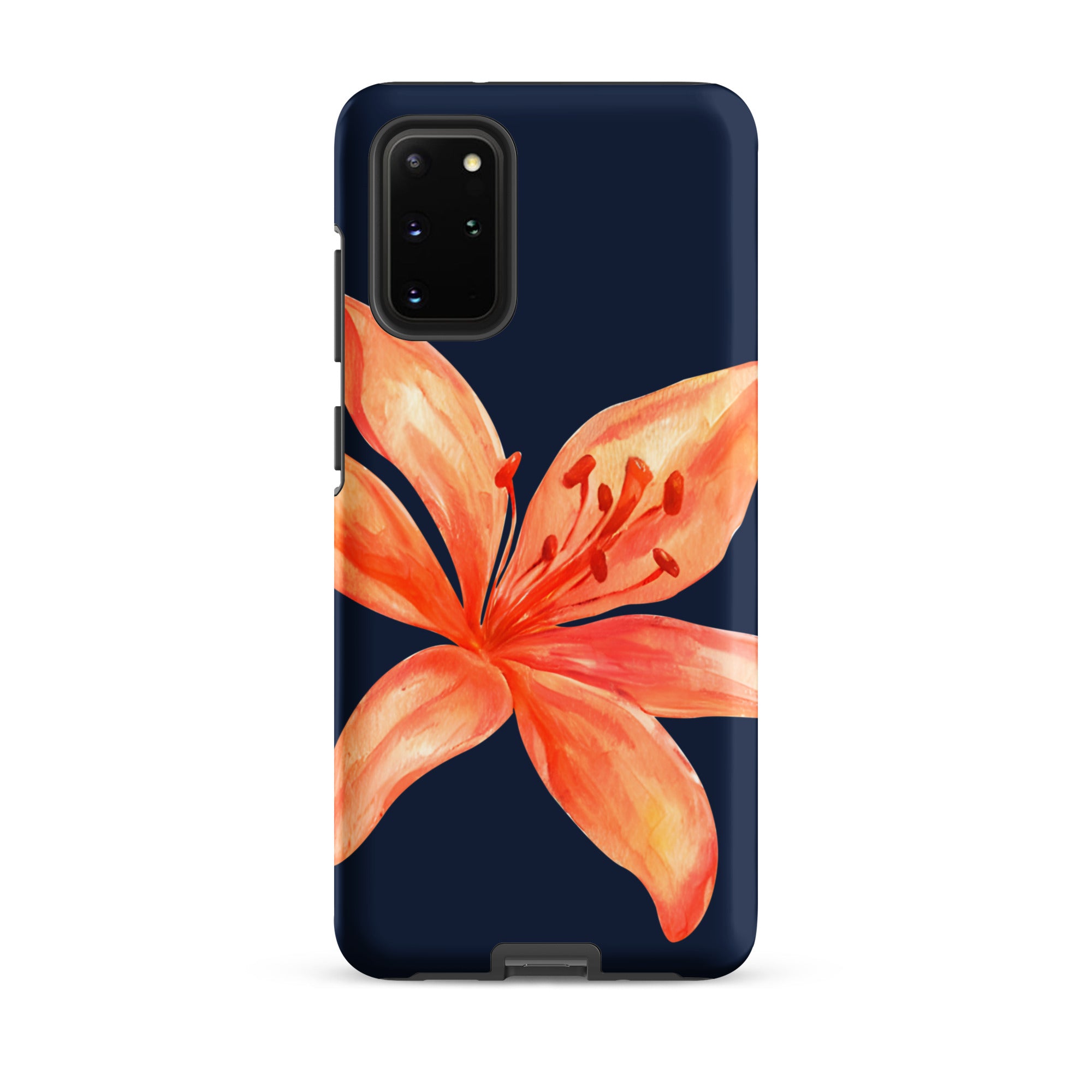 Floral Samsung Case - Dual Layer Protection With Coral Navy Tiger Lily Design featuring a bold coral flower on navy background.