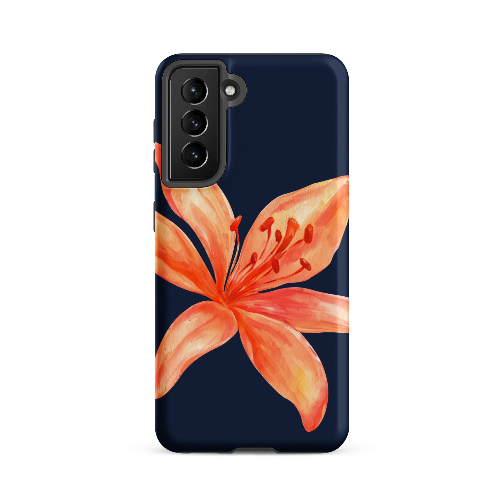 Floral Samsung Case - Dual Layer Protection With Coral Navy Tiger Lily Design showcasing a coral tiger lily on navy background