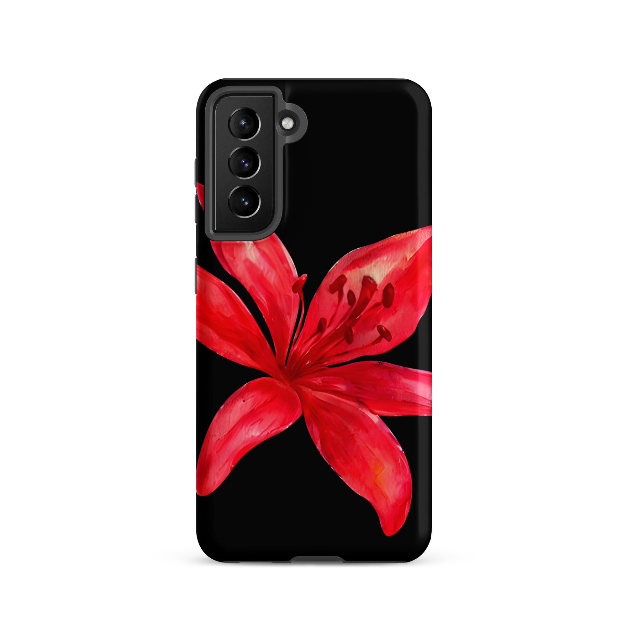 Tiger Lily Samsung Case - Red And Black Tiger Lily Floral Design With Durable Protection showcasing vibrant red flower on black background.