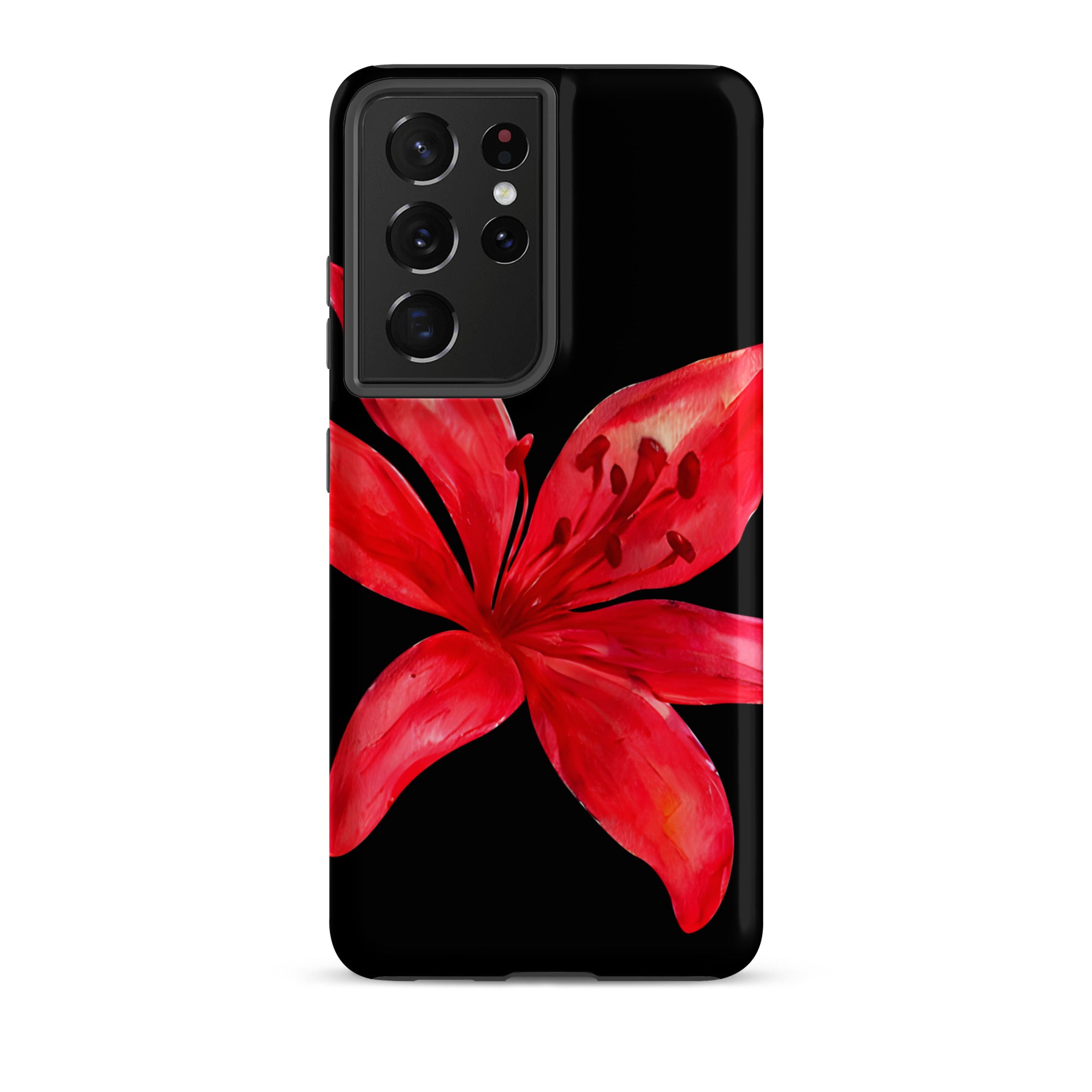 Tiger Lily Samsung Case - Red And Black Tiger Lily Floral Design With Durable Protection on a black Samsung phone case.