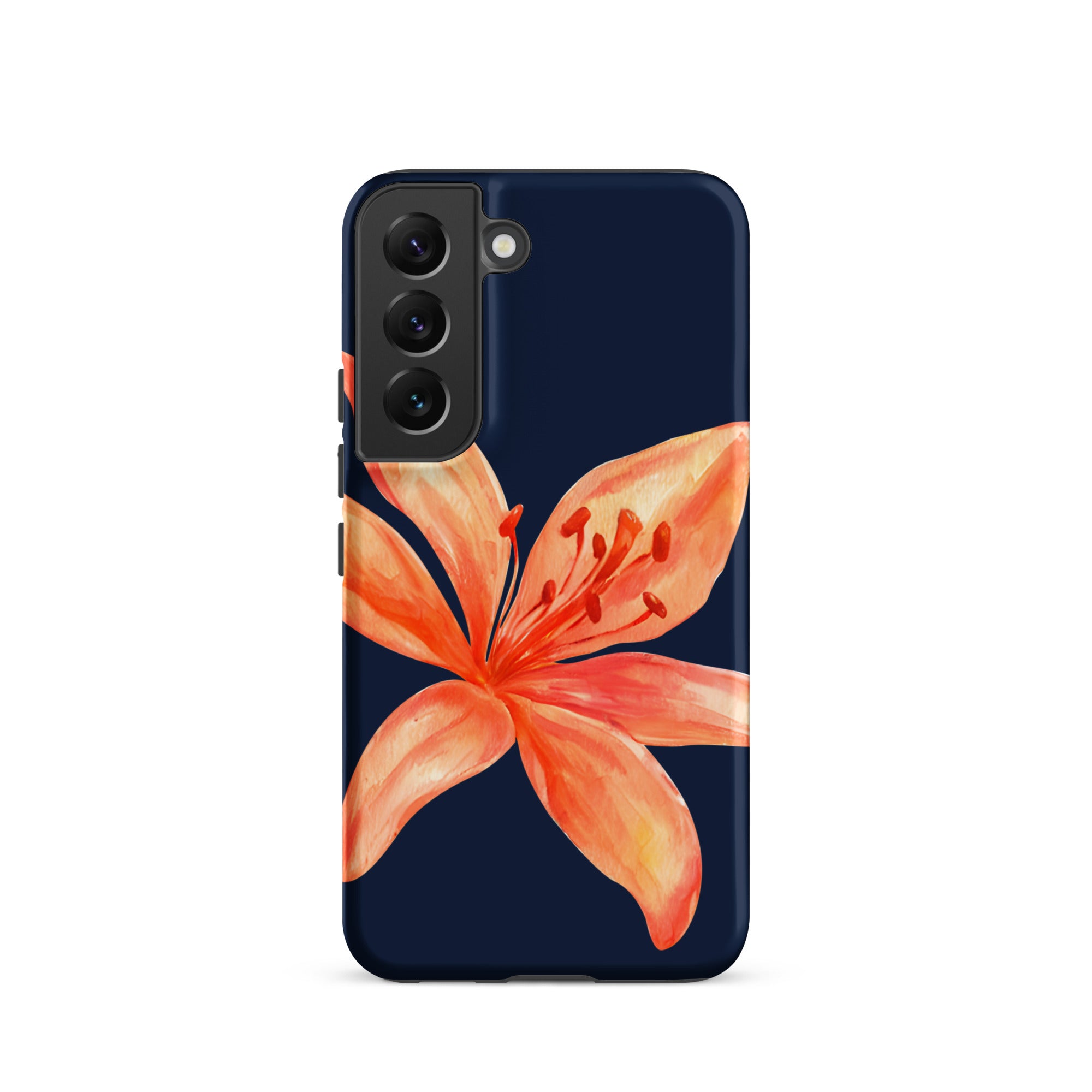 Floral Samsung Case - Dual Layer Protection With Coral Navy Tiger Lily Design showcasing a vibrant orange flower on navy background