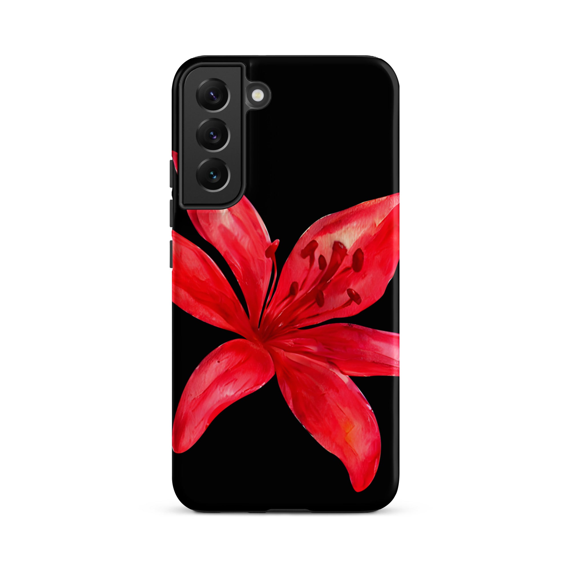 Tiger Lily Samsung Case - Red And Black Tiger Lily Floral Design With Durable Protection showing a vibrant red lily on black background