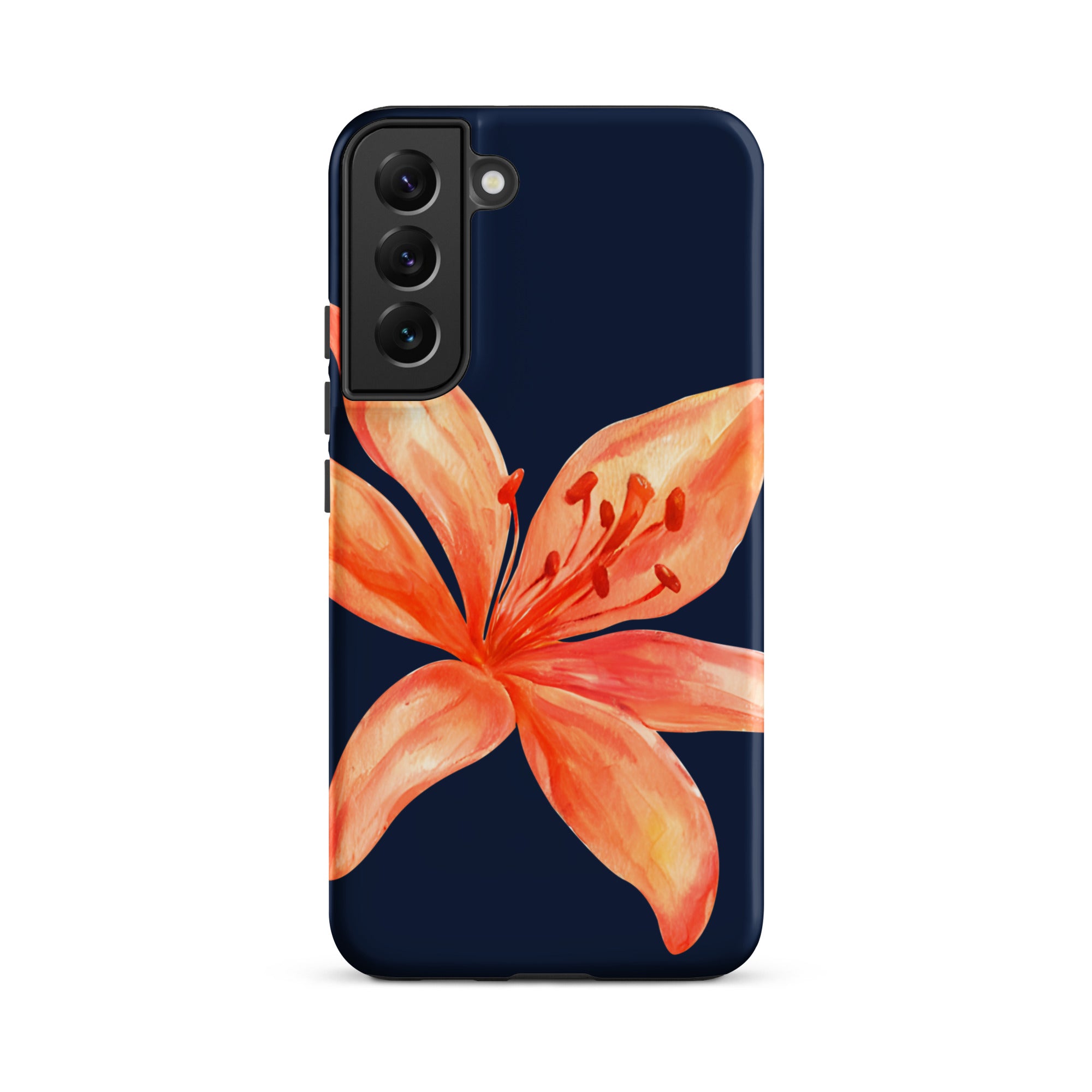 Floral Samsung Case - Dual Layer Protection With Coral Navy Tiger Lily Design showing coral flower on navy background for Samsung phone