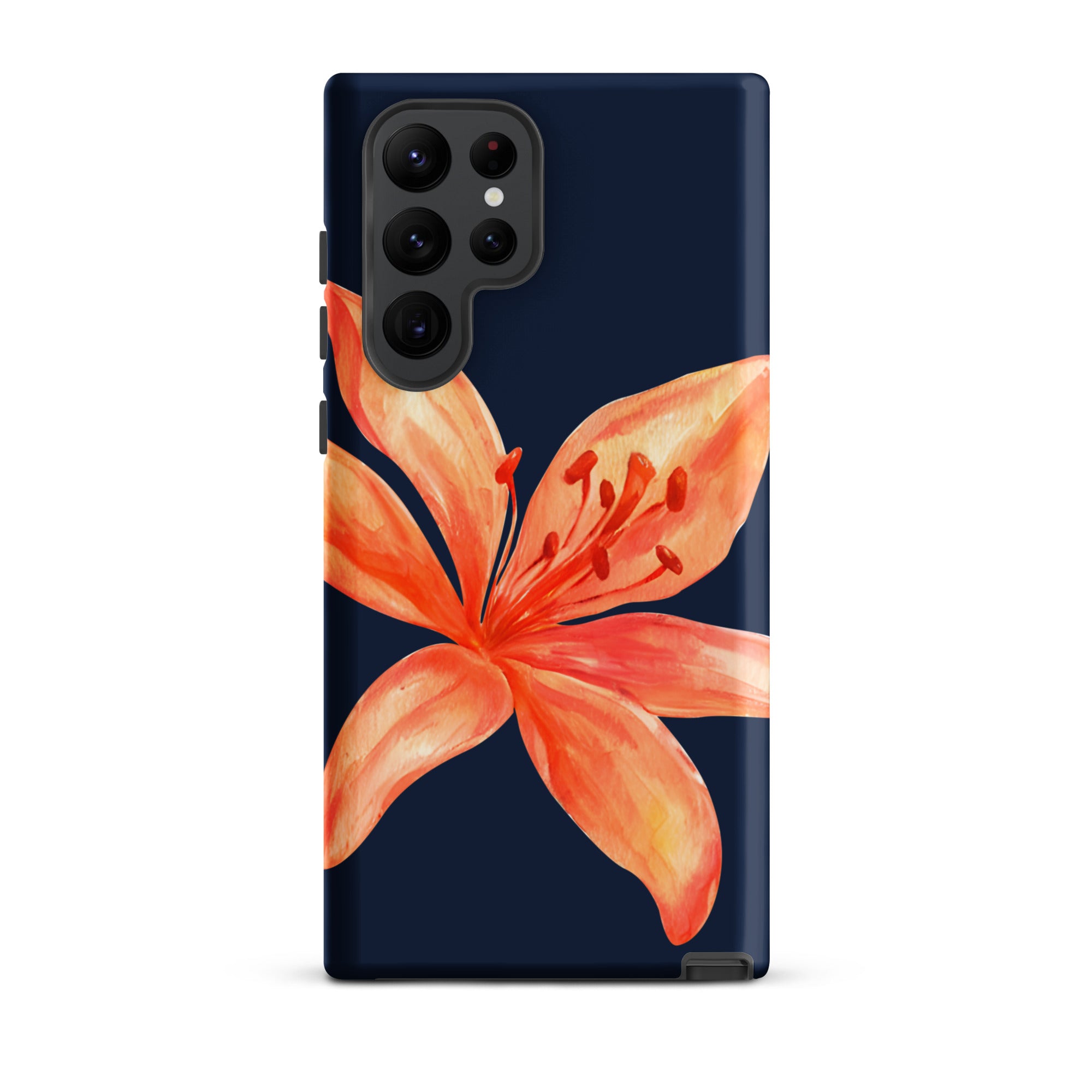 Floral Samsung Case - Dual Layer Protection With Coral Navy Tiger Lily Design featuring a large coral lily on navy background