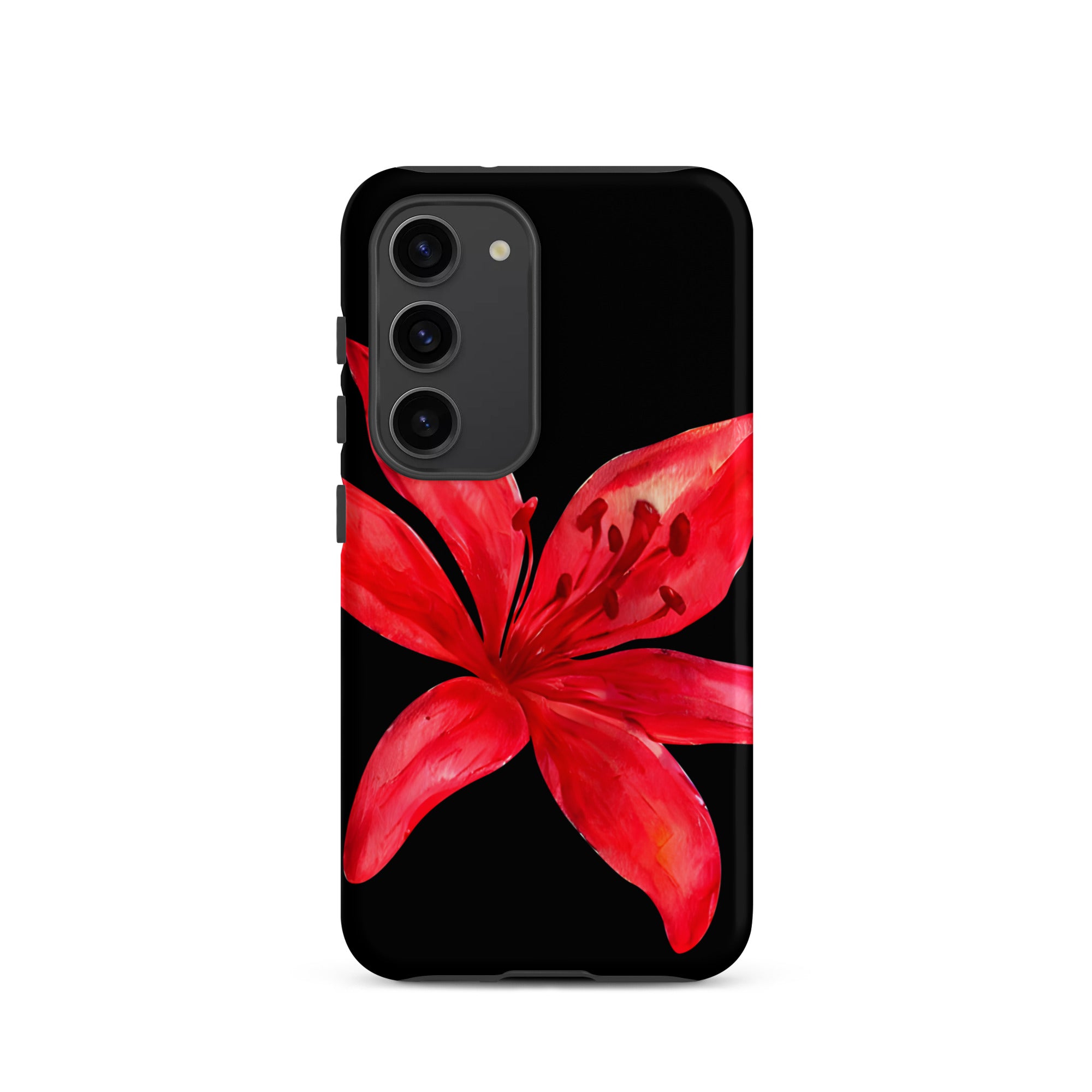 Tiger Lily Samsung Case - Red And Black Tiger Lily Floral Design With Durable Protection showing vibrant red flower on black background
