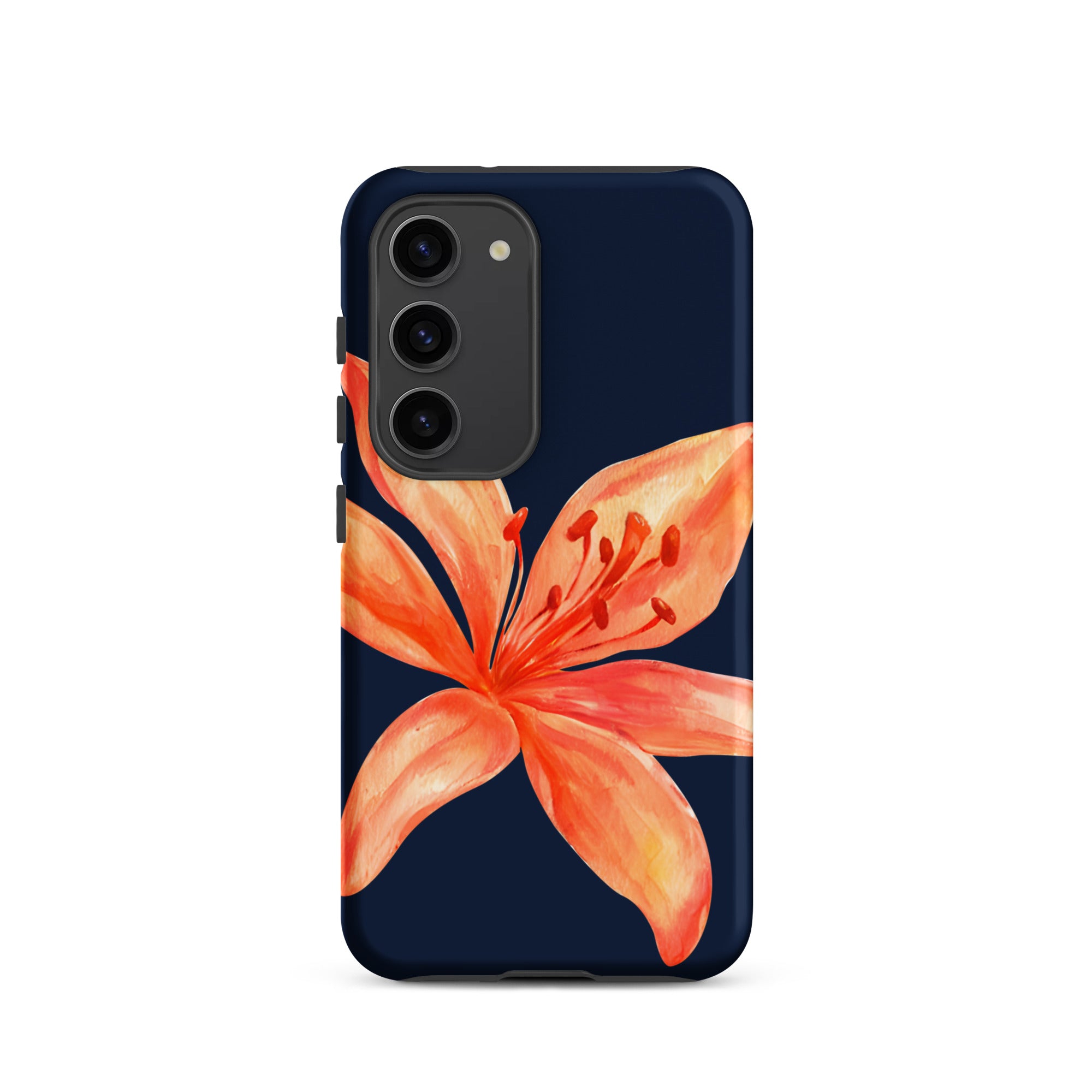 Floral Samsung Case - Dual Layer Protection With Coral Navy Tiger Lily Design featuring a vibrant coral lily on navy background.
