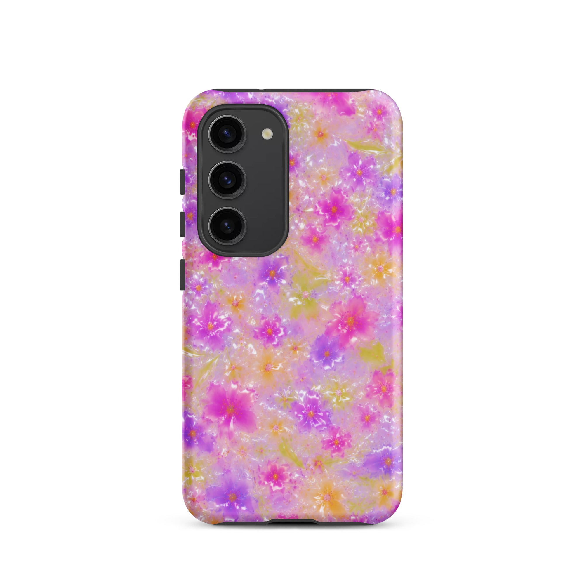 Pink and purple floral Samsung phone case with scratch-resistant surface