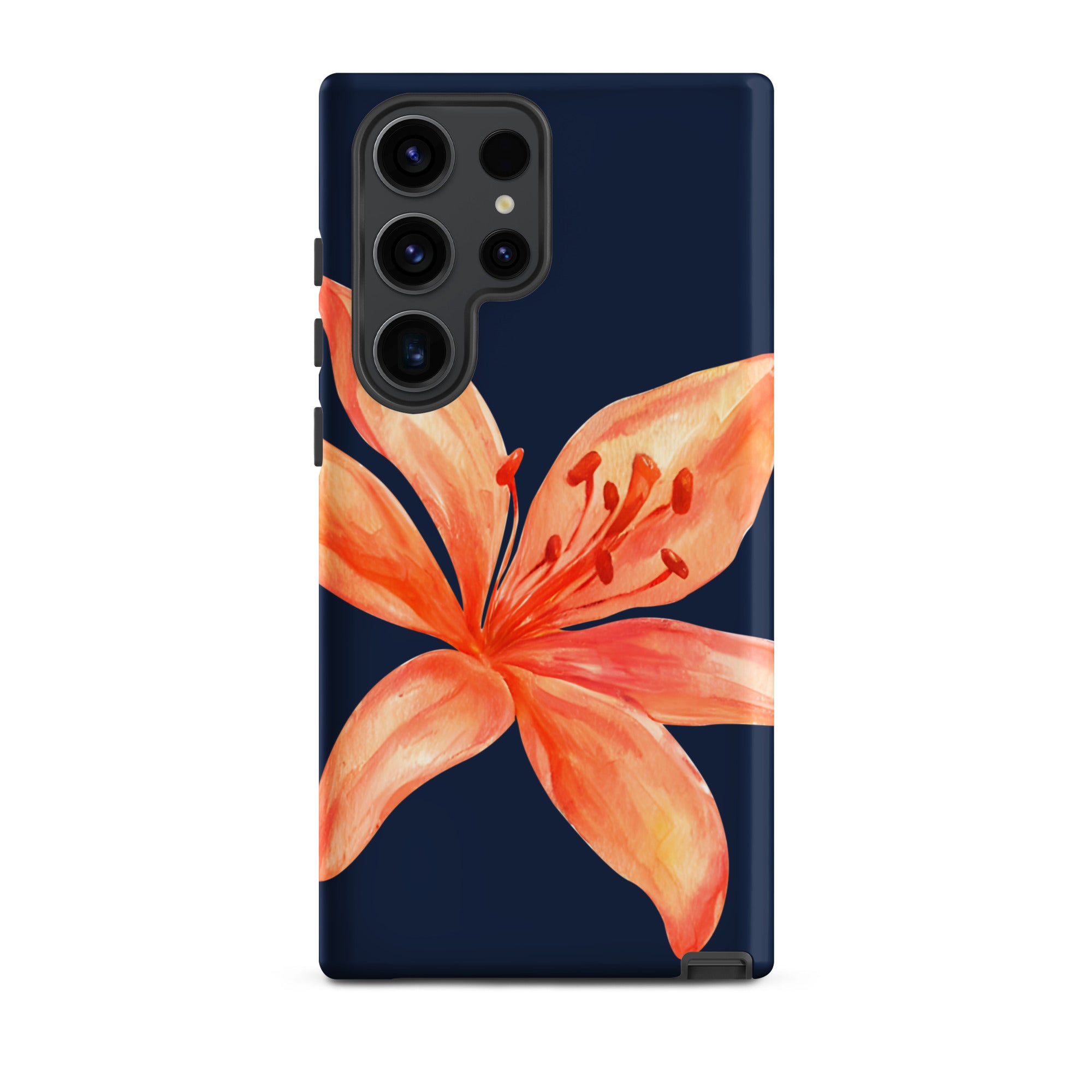 Floral Samsung Case - Dual Layer Protection With Coral Navy Tiger Lily Design featuring vibrant coral flower on dark navy background