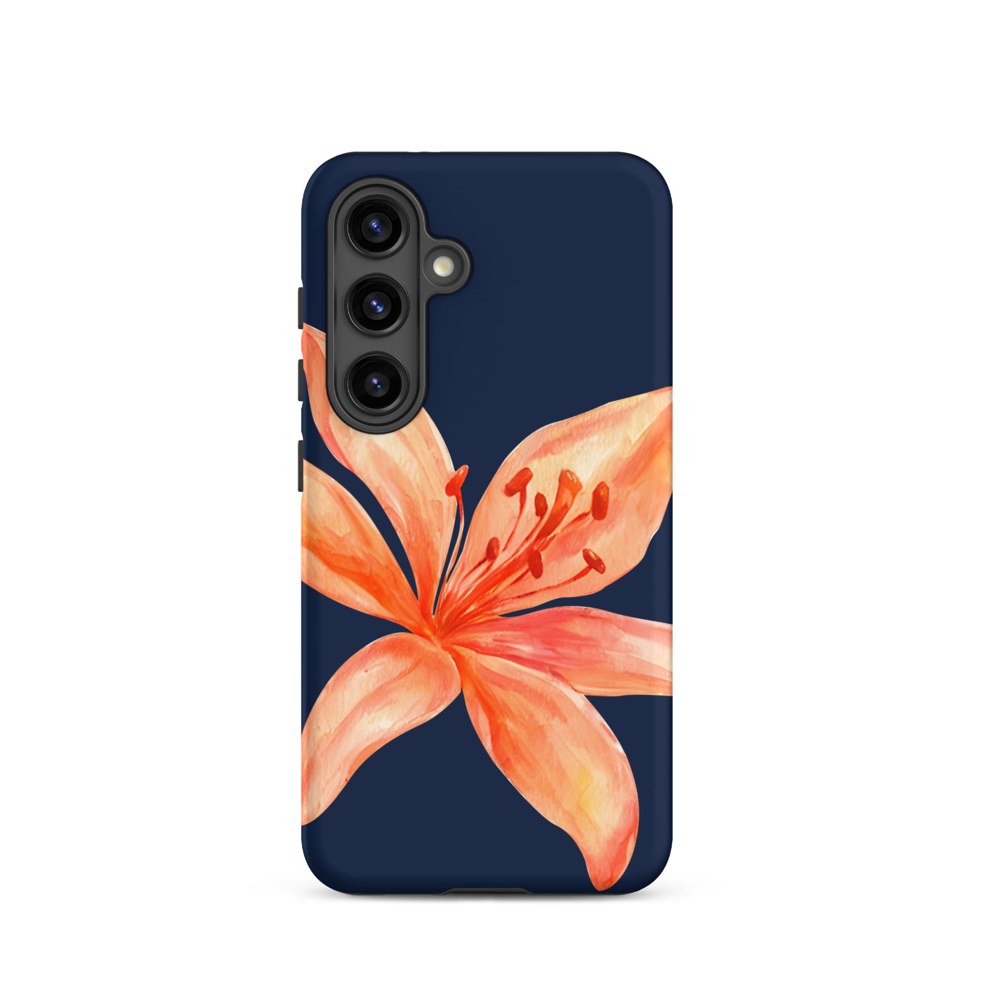 Floral Samsung Case - Dual Layer Protection With Coral Navy Tiger Lily Design featuring a large coral tiger lily on navy background