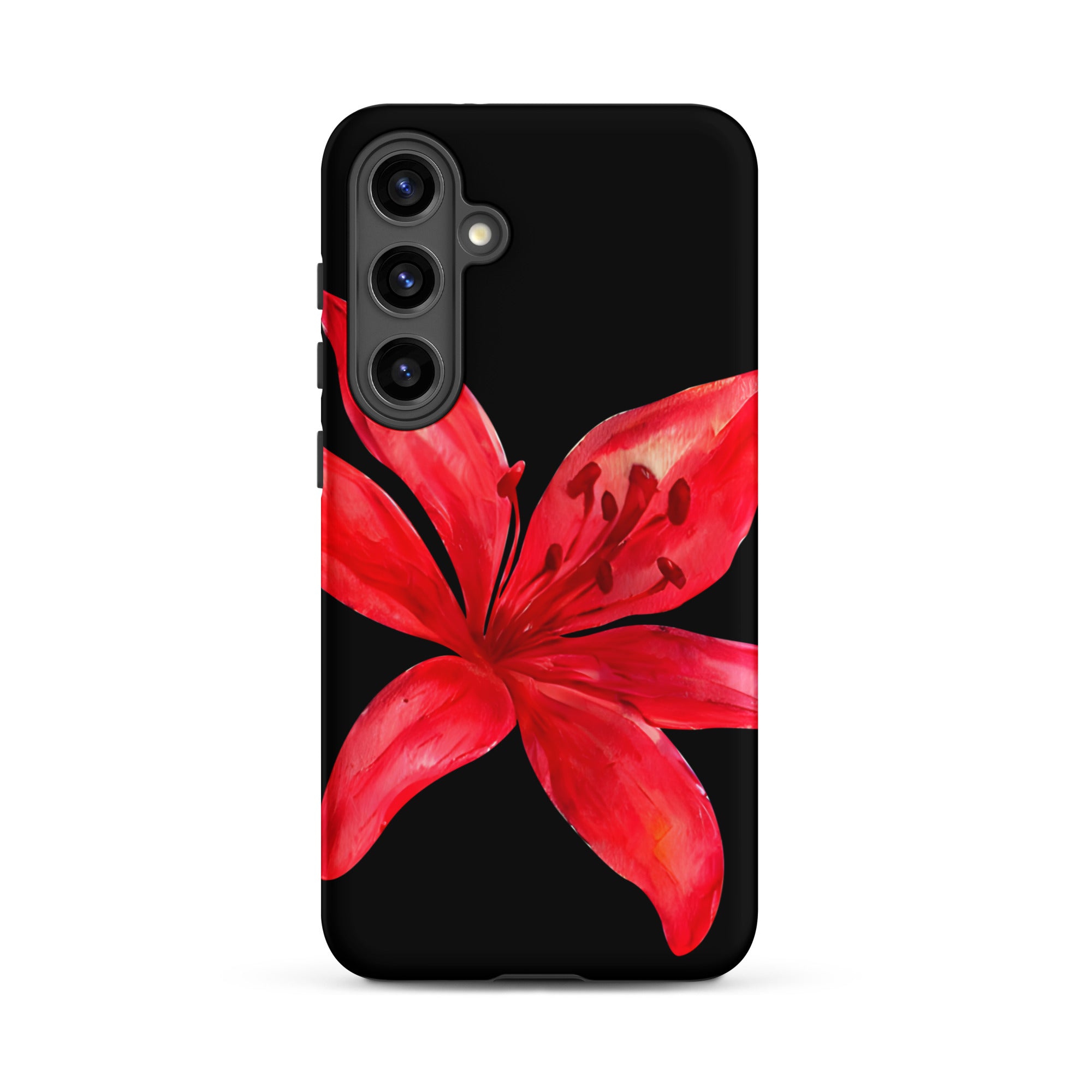 Tiger Lily Samsung Case - Red And Black Tiger Lily Floral Design With Durable Protection featuring large red flower on black background