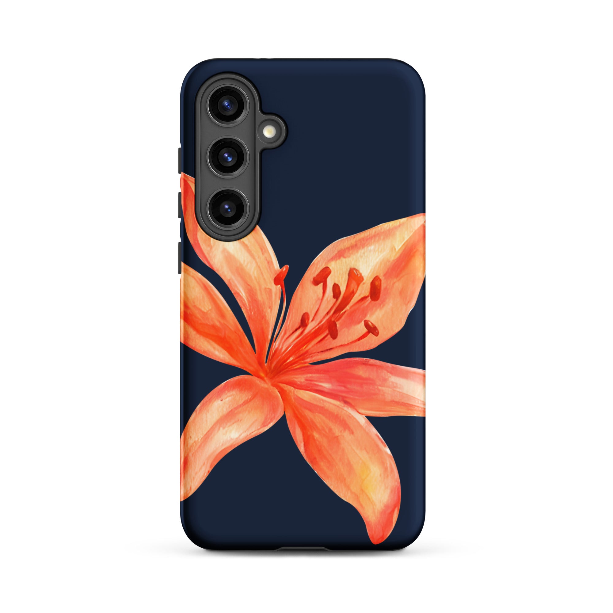 Floral Samsung Case - Dual Layer Protection With Coral Navy Tiger Lily Design featuring a vivid coral flower on navy background